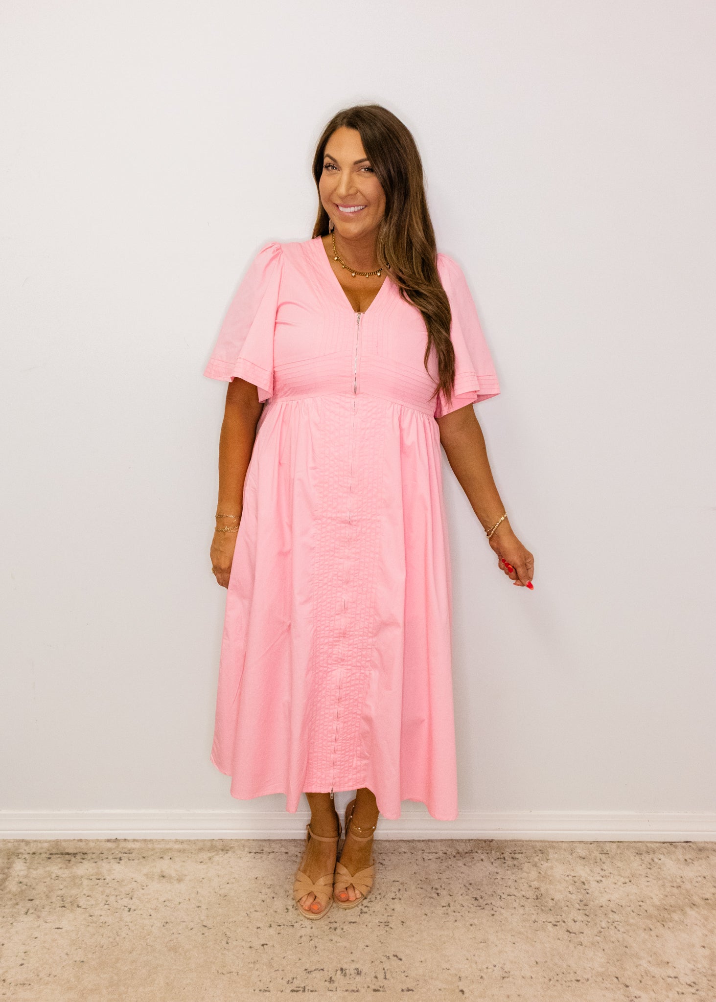 Pink Solid Zip Front Midi Dress
