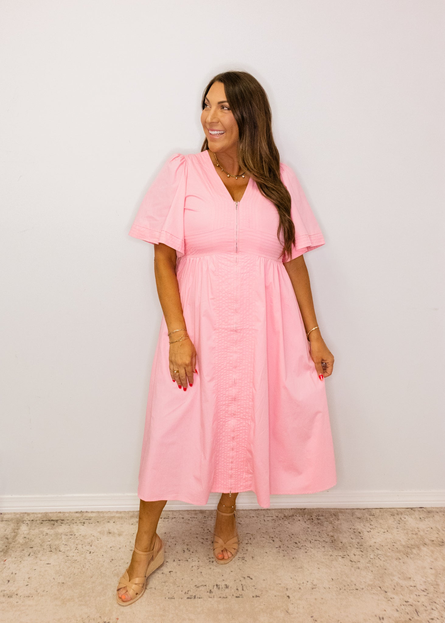 Pink Solid Zip Front Midi Dress