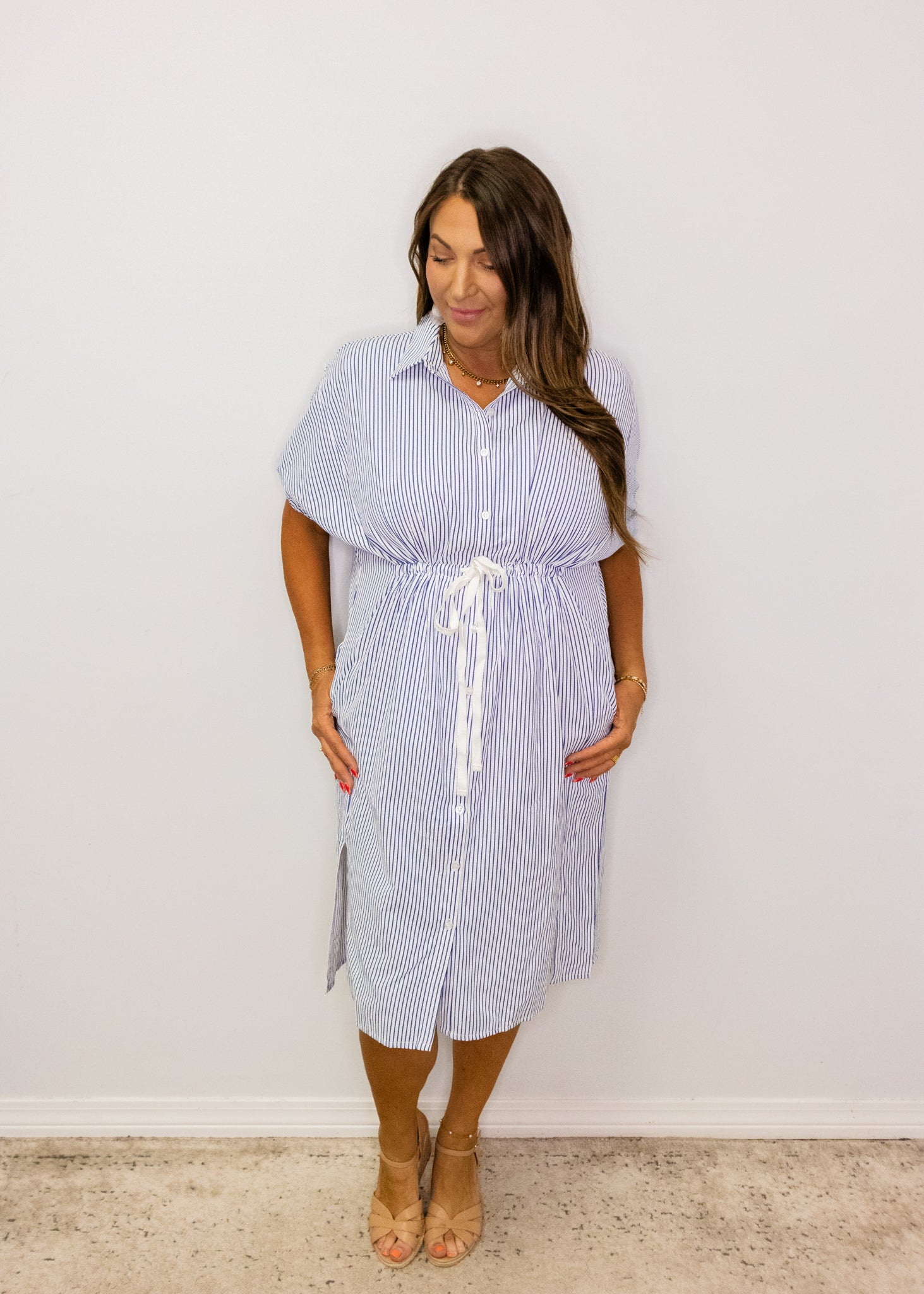 Navy Stripe Tie Midi Dress