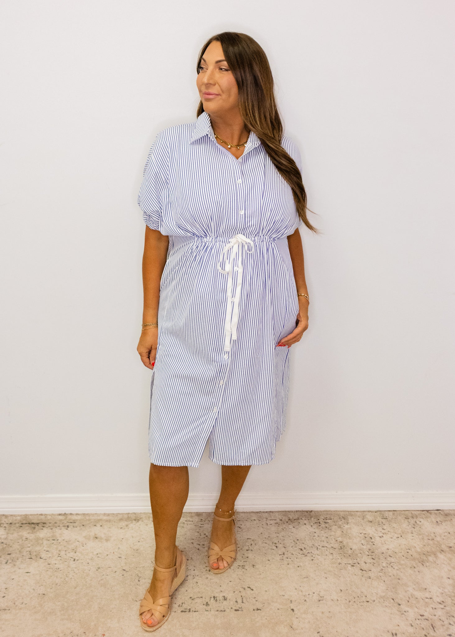 Navy Stripe Tie Midi Dress