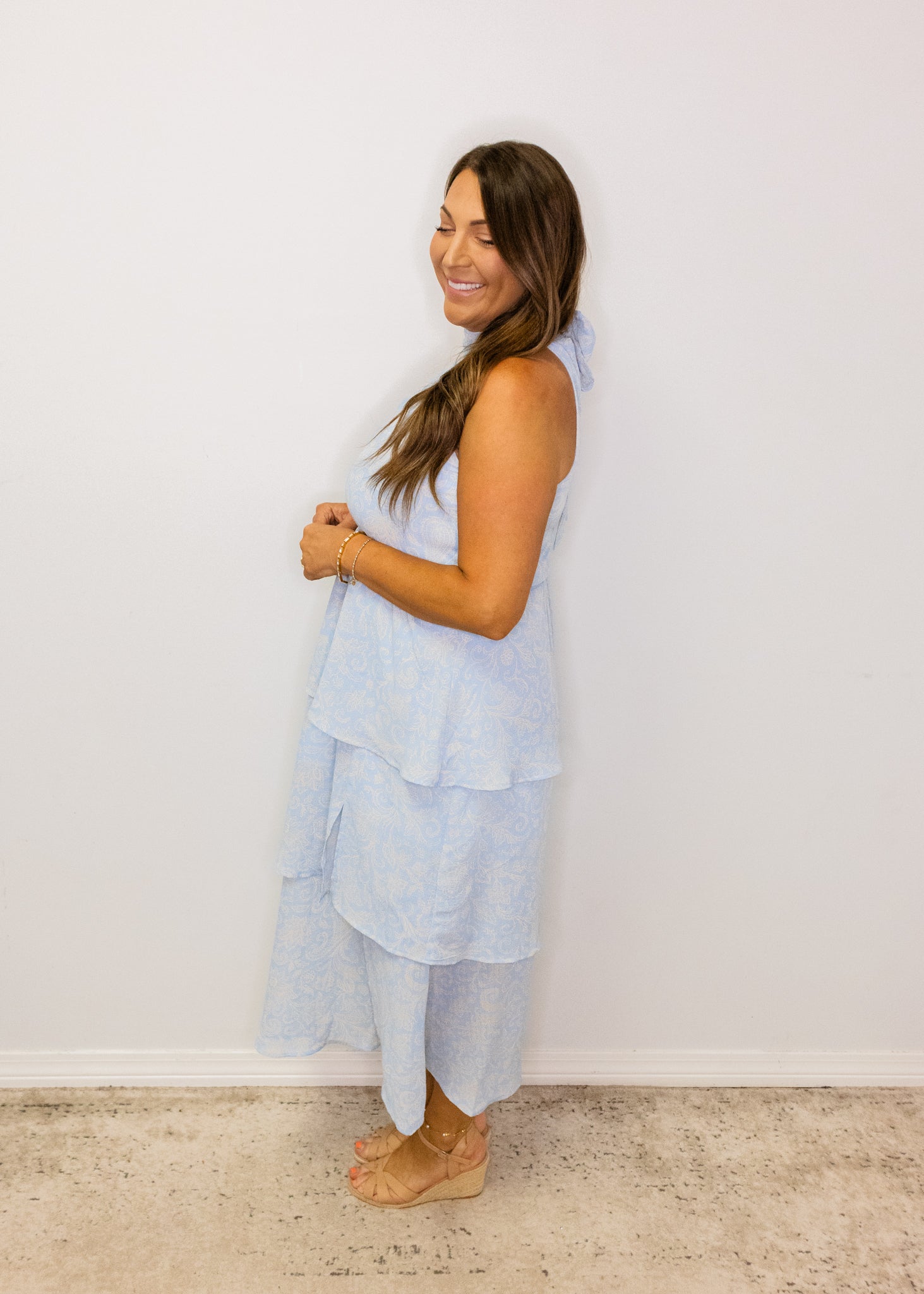 Blue Paisley Ruffle Midi Dress