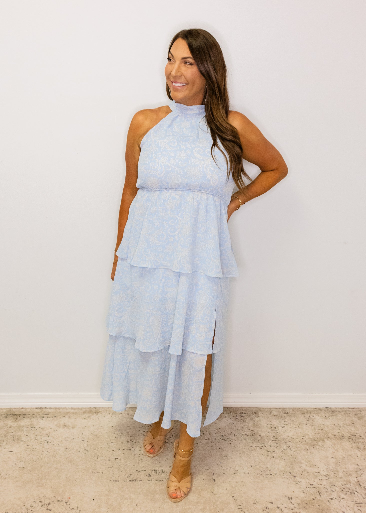 Blue Paisley Ruffle Midi Dress