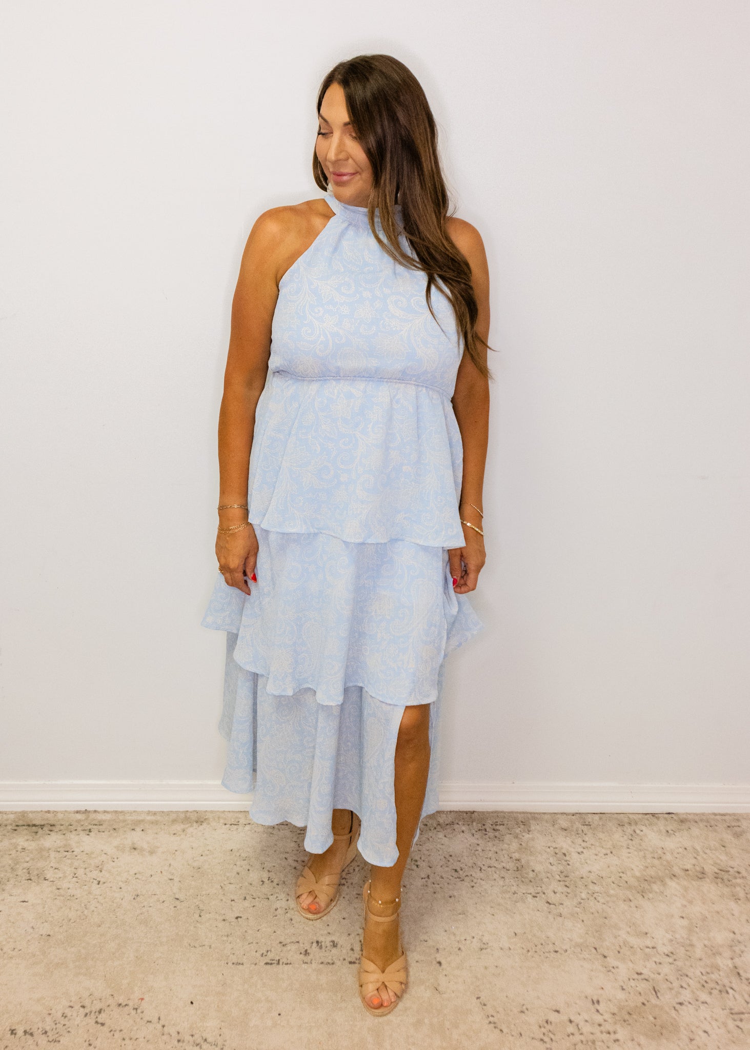 Blue Paisley Ruffle Midi Dress