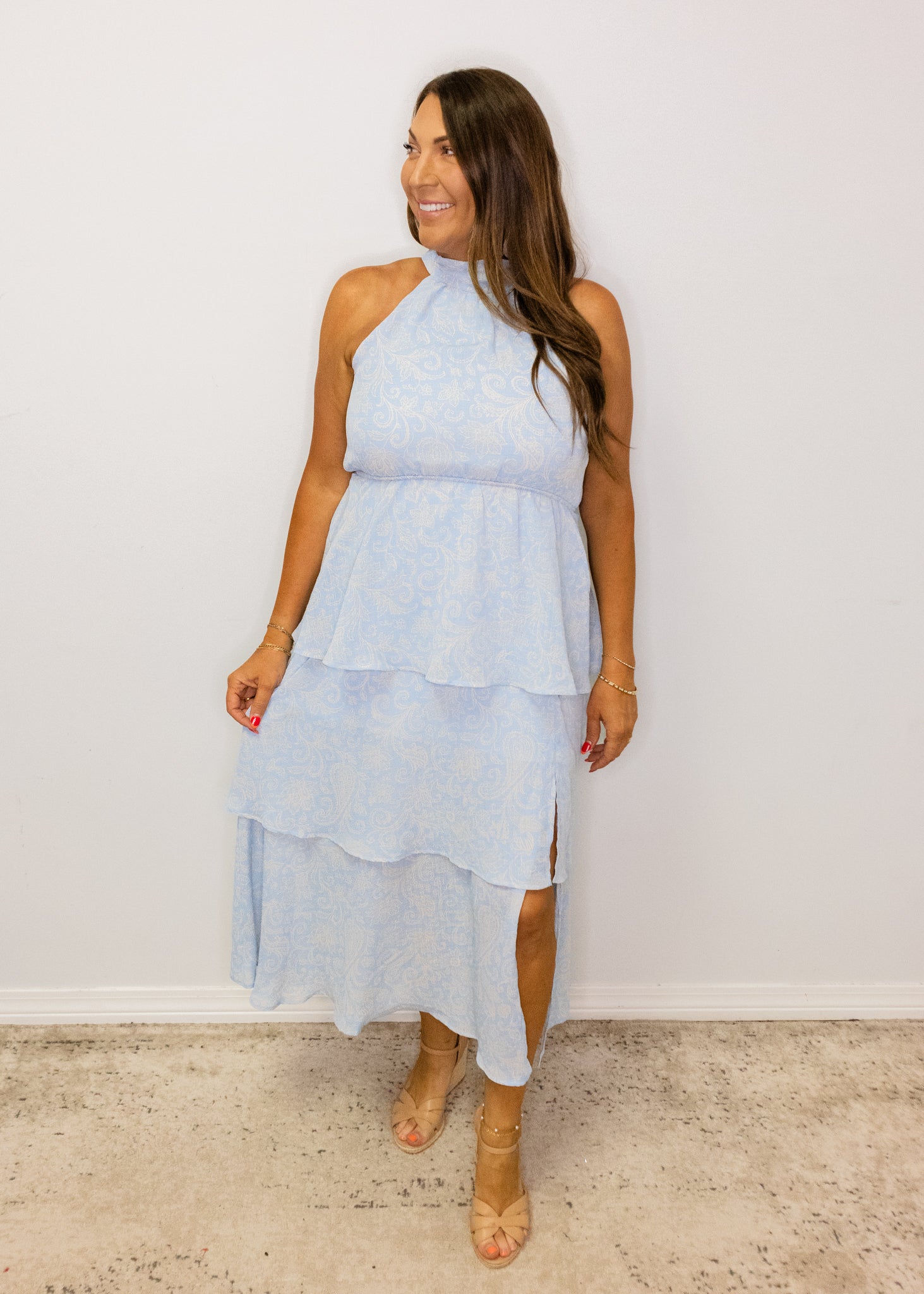 Blue Paisley Ruffle Midi Dress