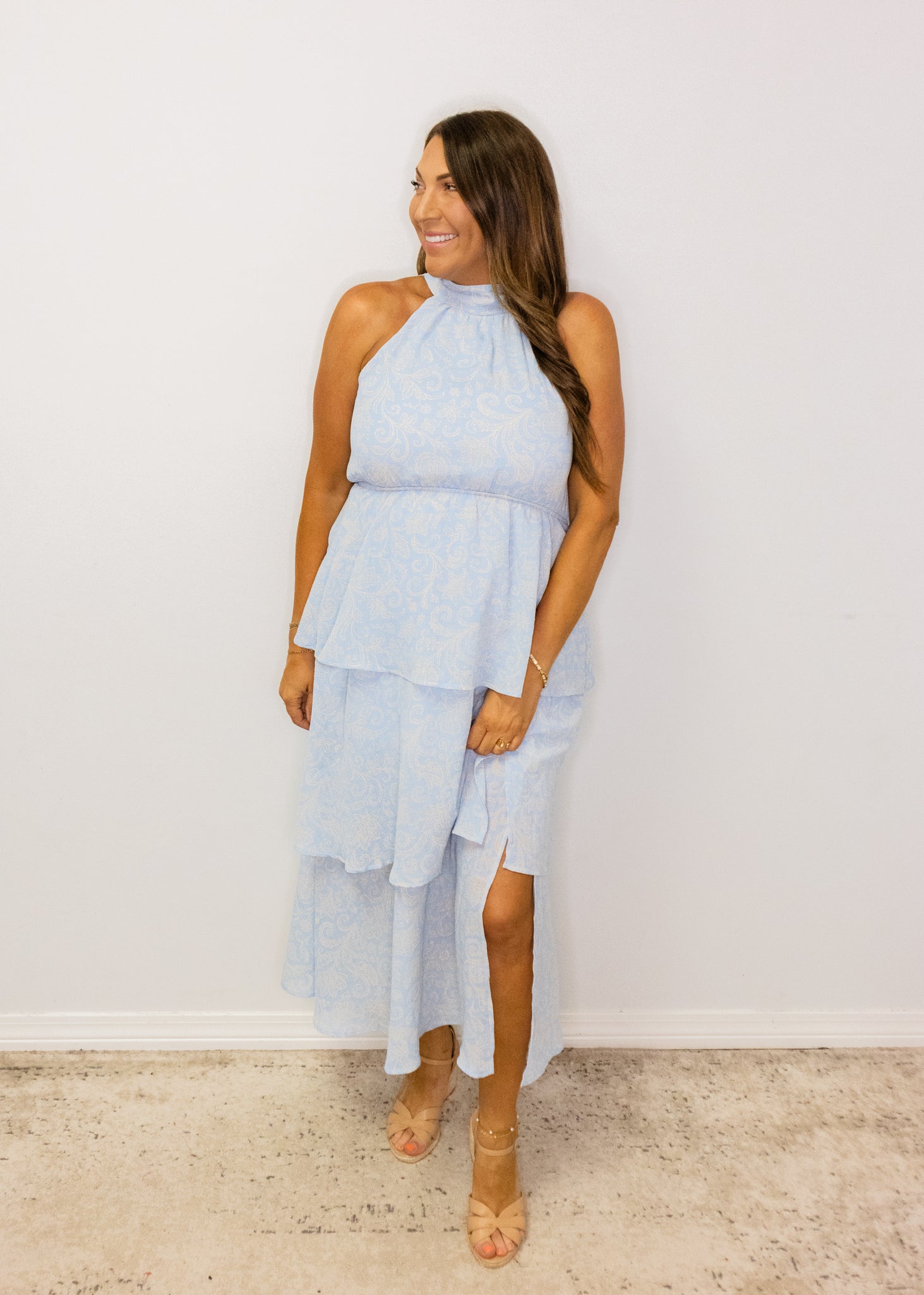 Blue Paisley Ruffle Midi Dress