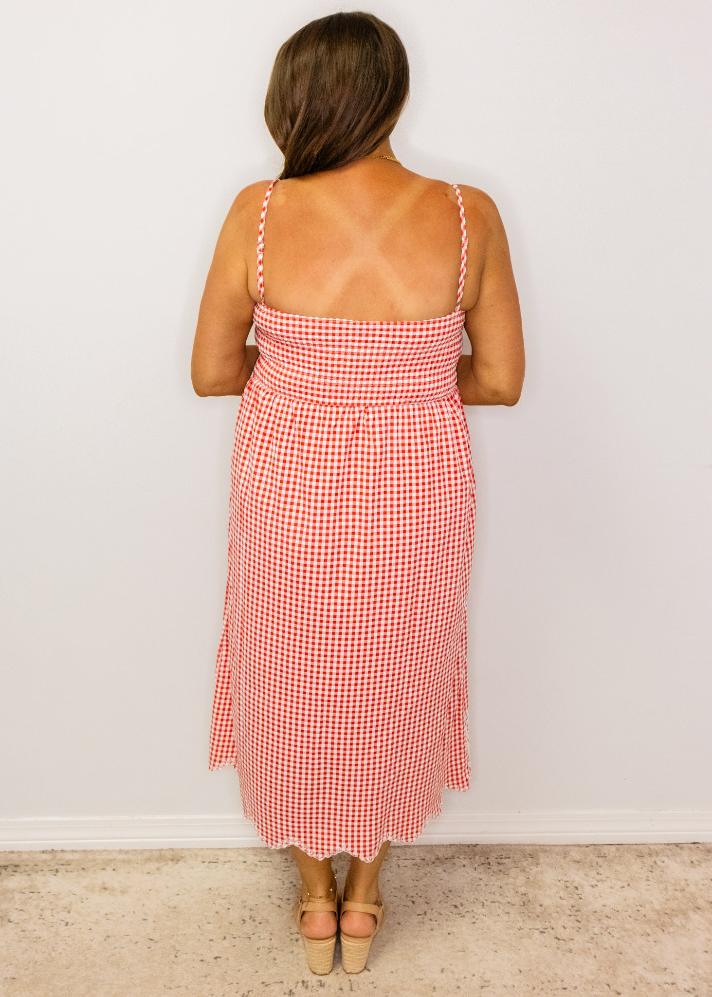 Red Gingham Seashell Midi Dress