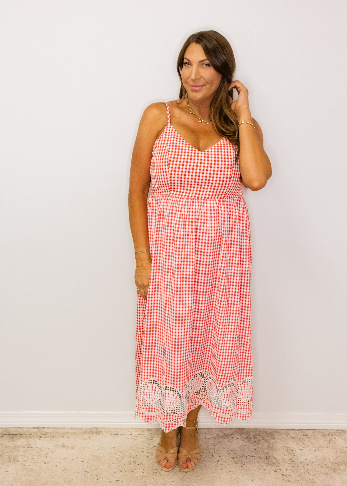 Red Gingham Seashell Midi Dress