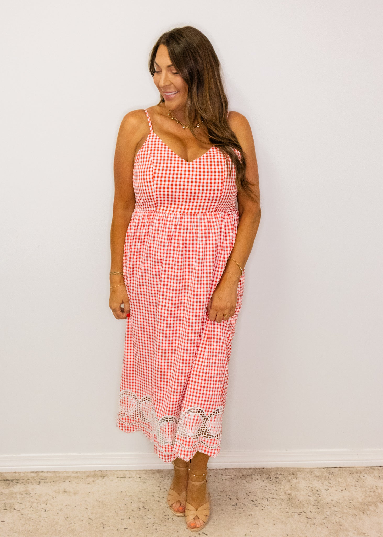 Red Gingham Seashell Midi Dress