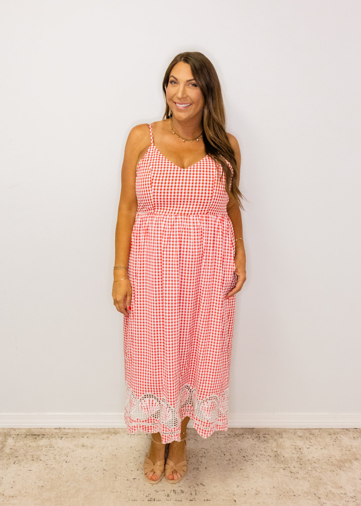 Red Gingham Seashell Midi Dress