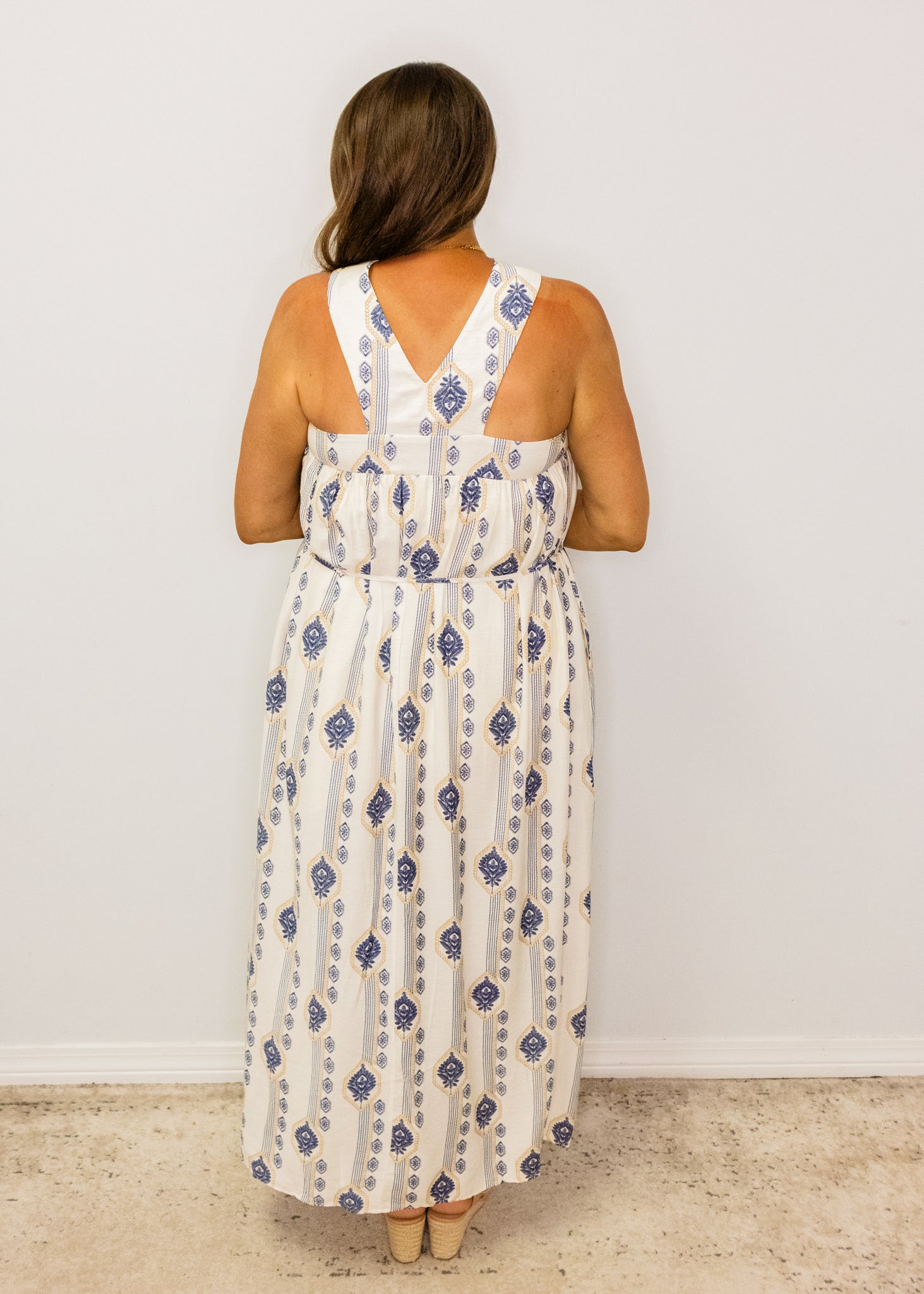 Navy Print Halter Maxi Dress
