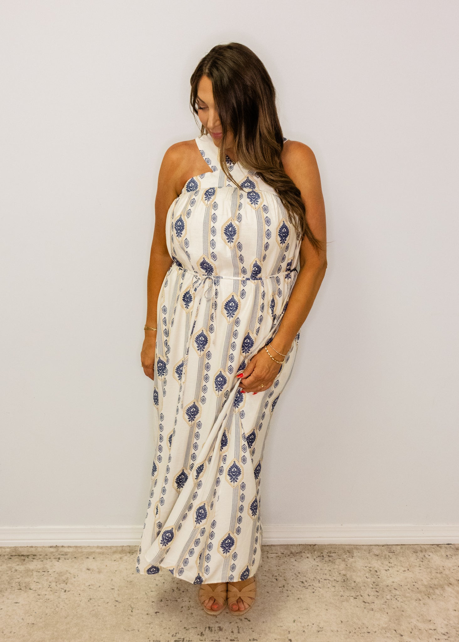 Navy Print Halter Maxi Dress