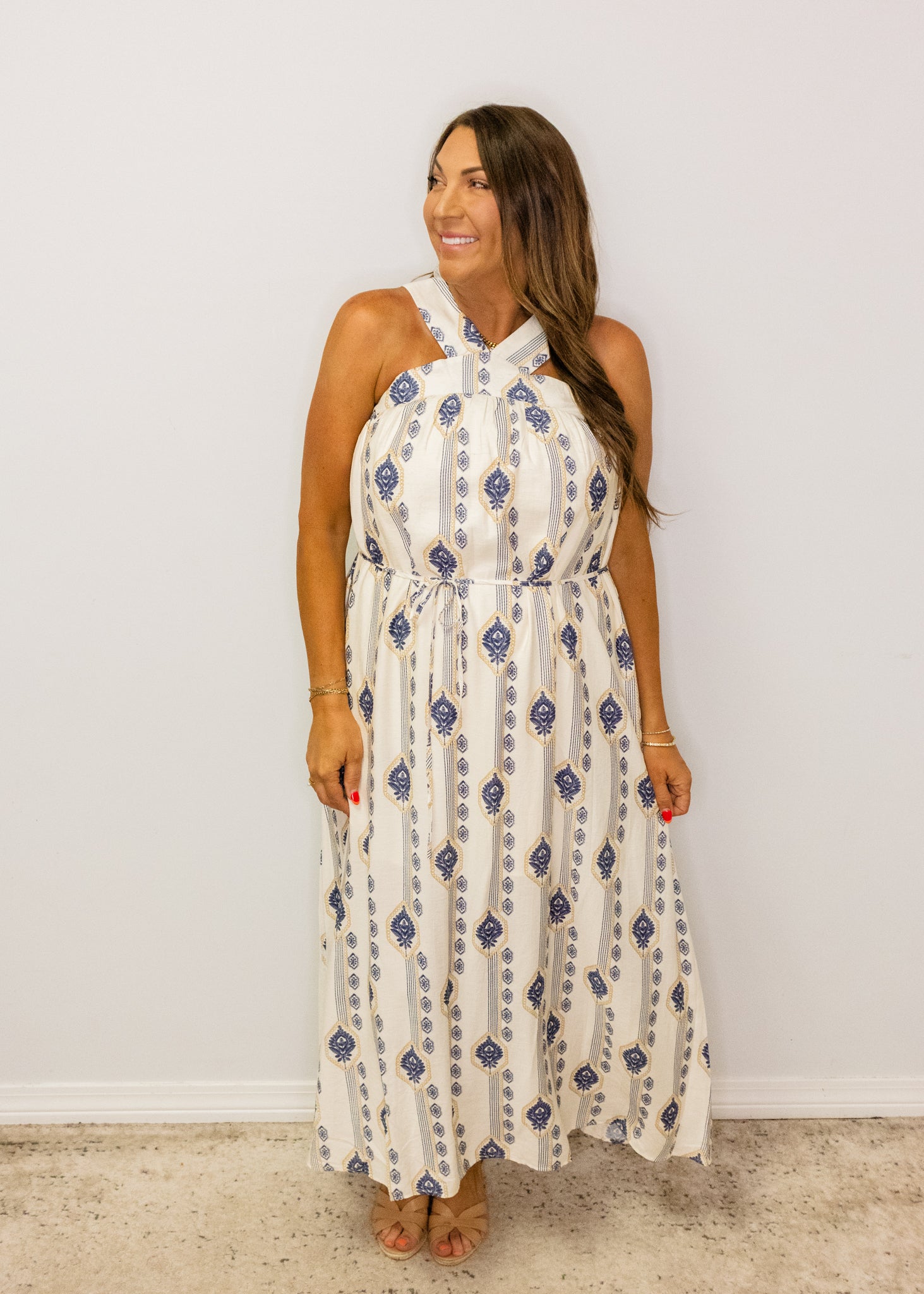 Navy Print Halter Maxi Dress