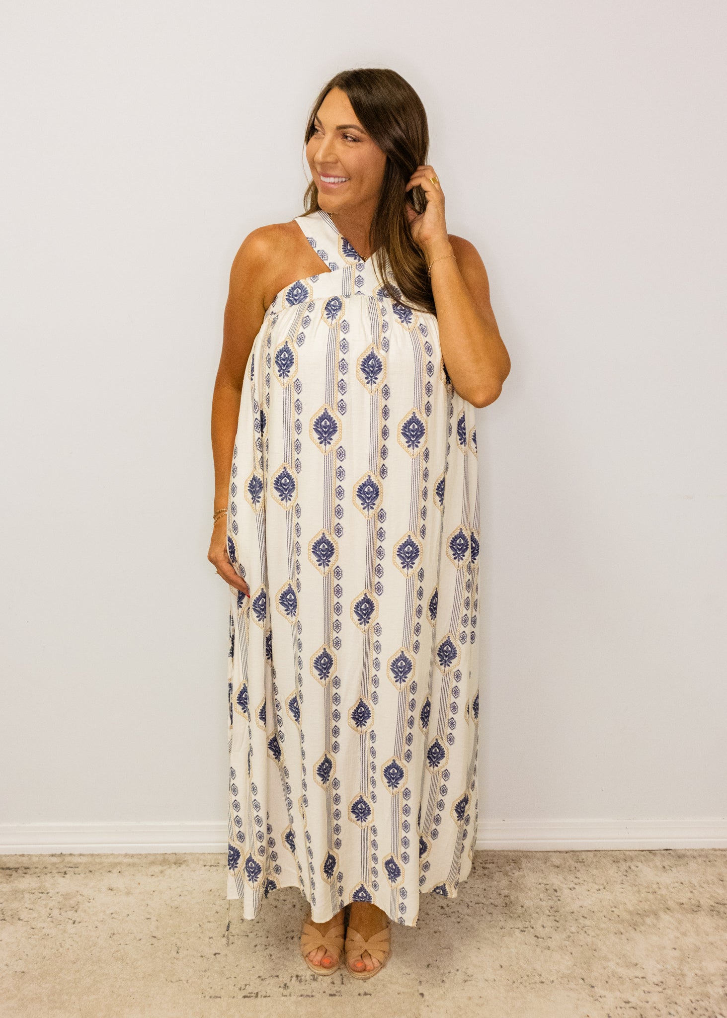 Navy Print Halter Maxi Dress