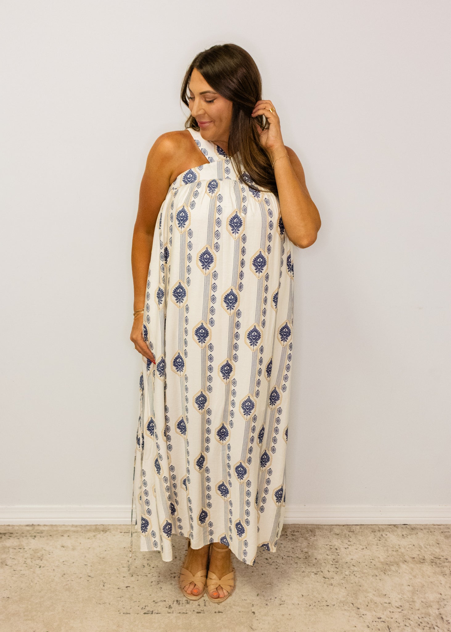 Navy Print Halter Maxi Dress