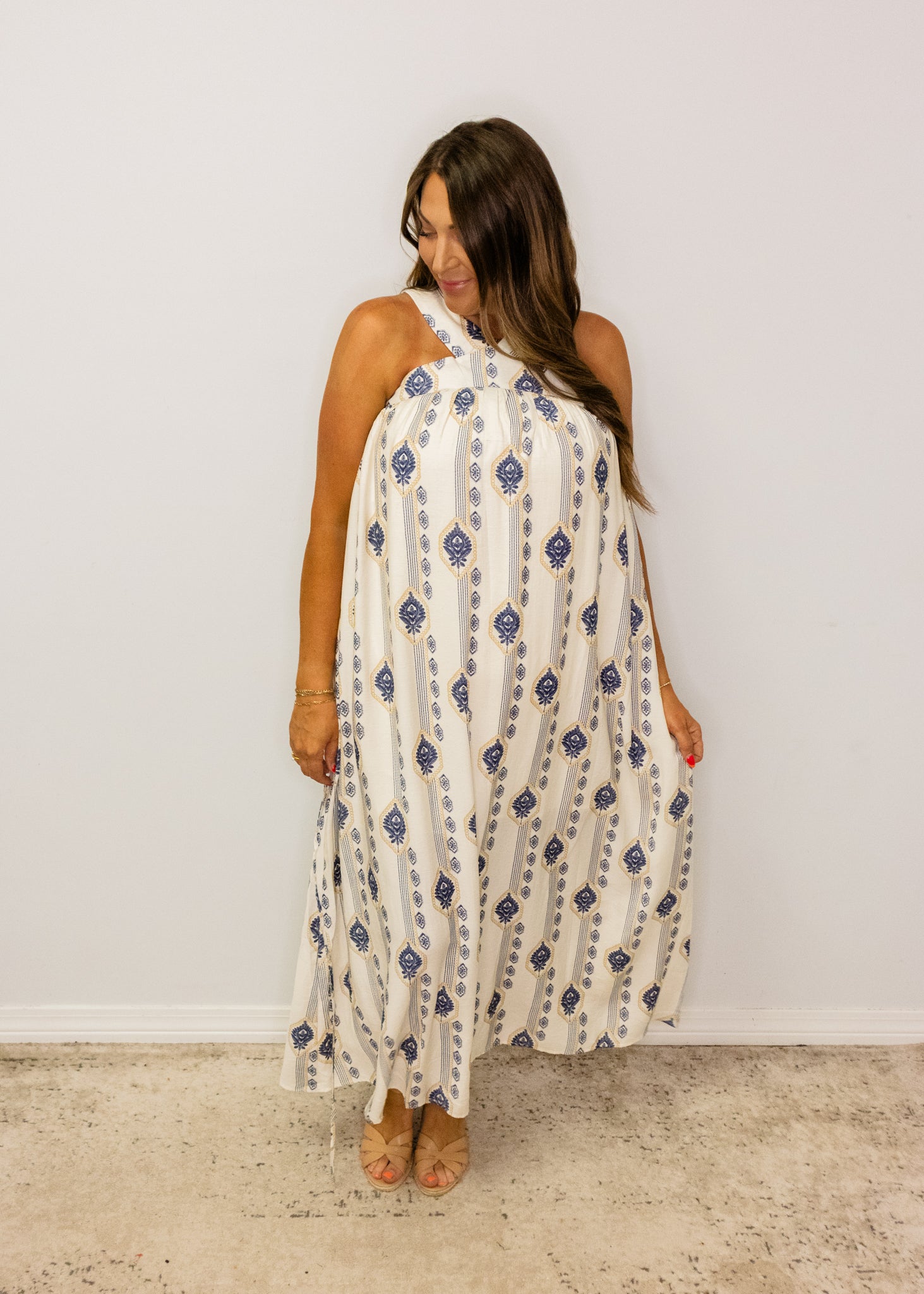 Navy Print Halter Maxi Dress