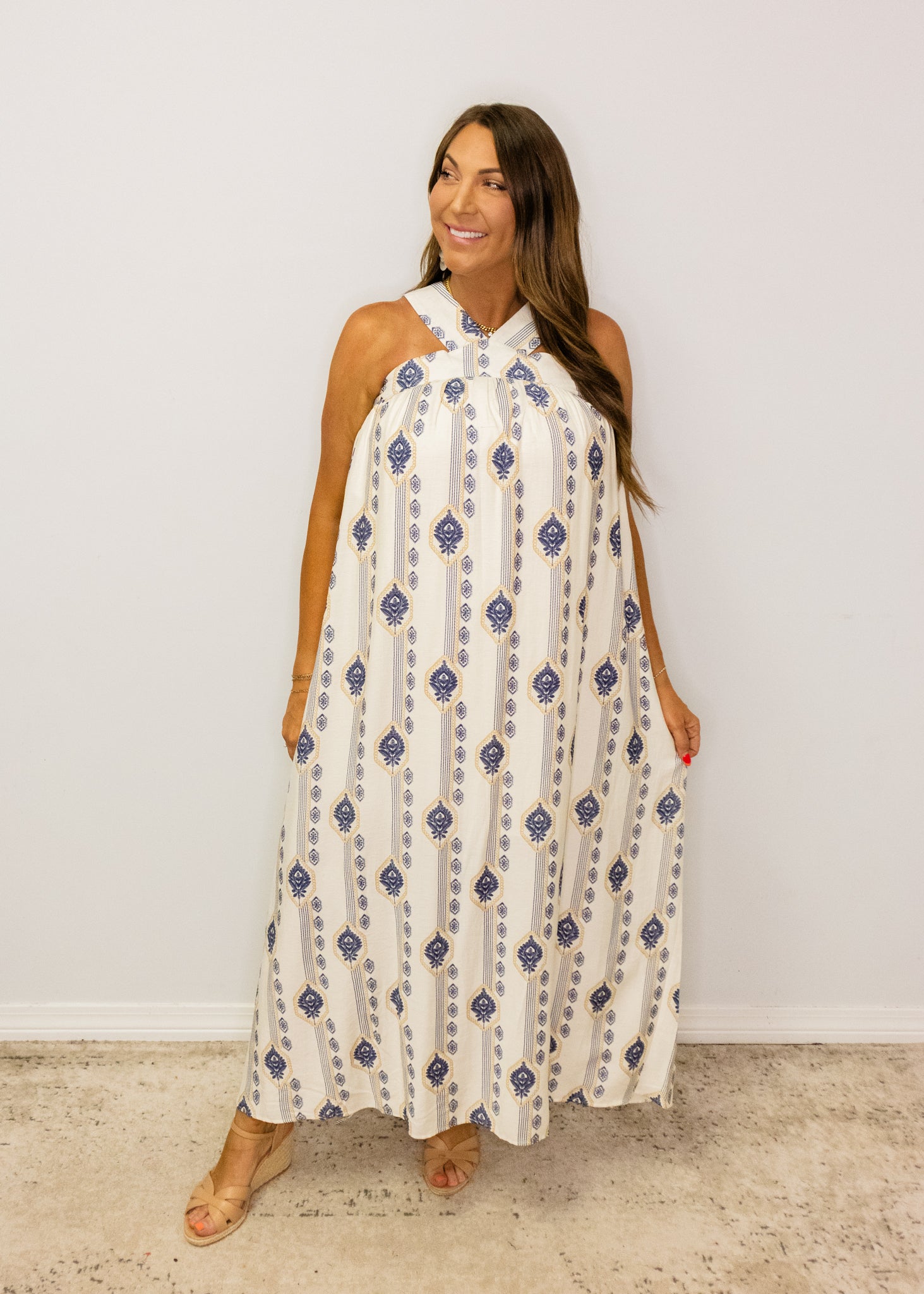 Navy Print Halter Maxi Dress