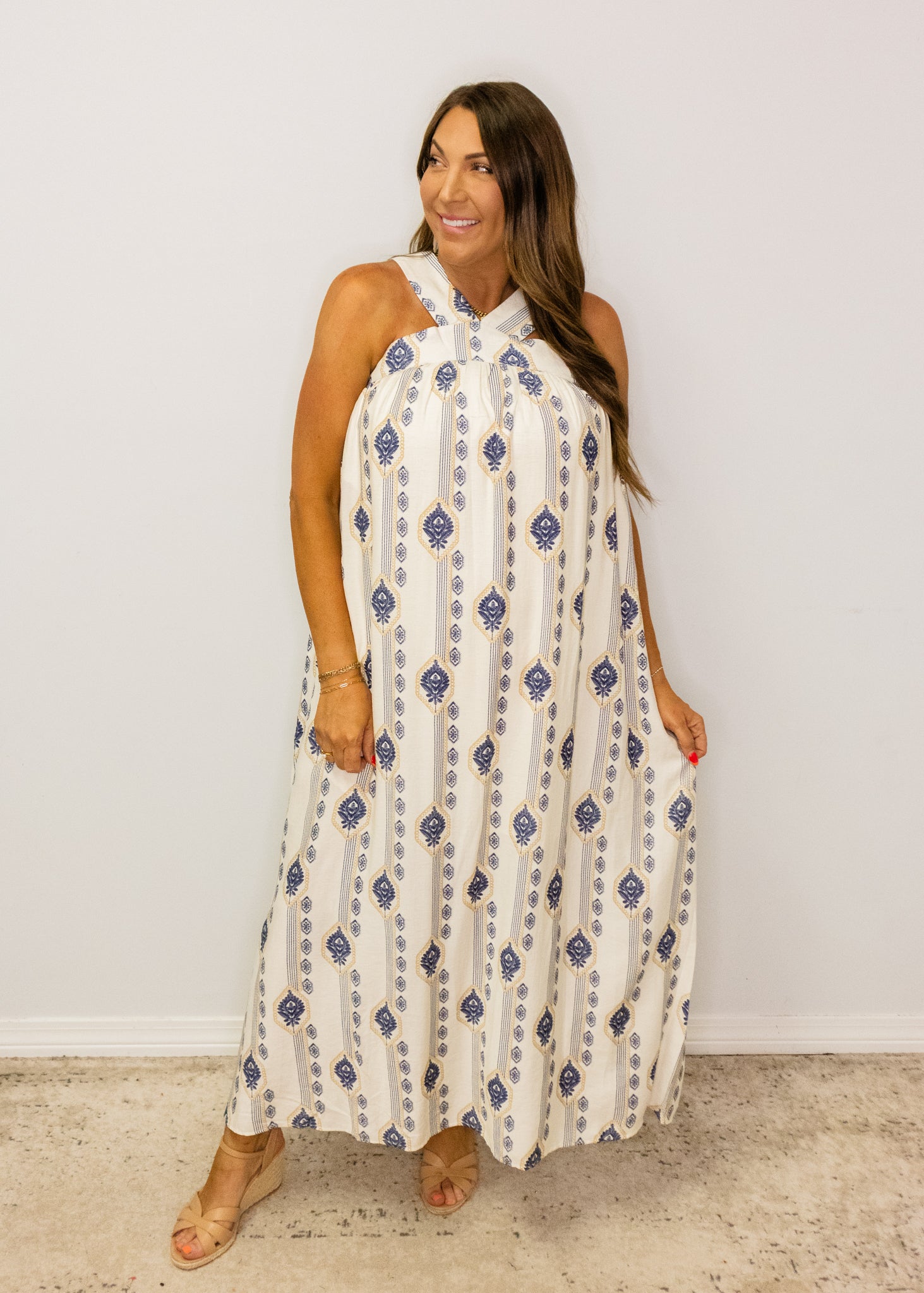 Navy Print Halter Maxi Dress