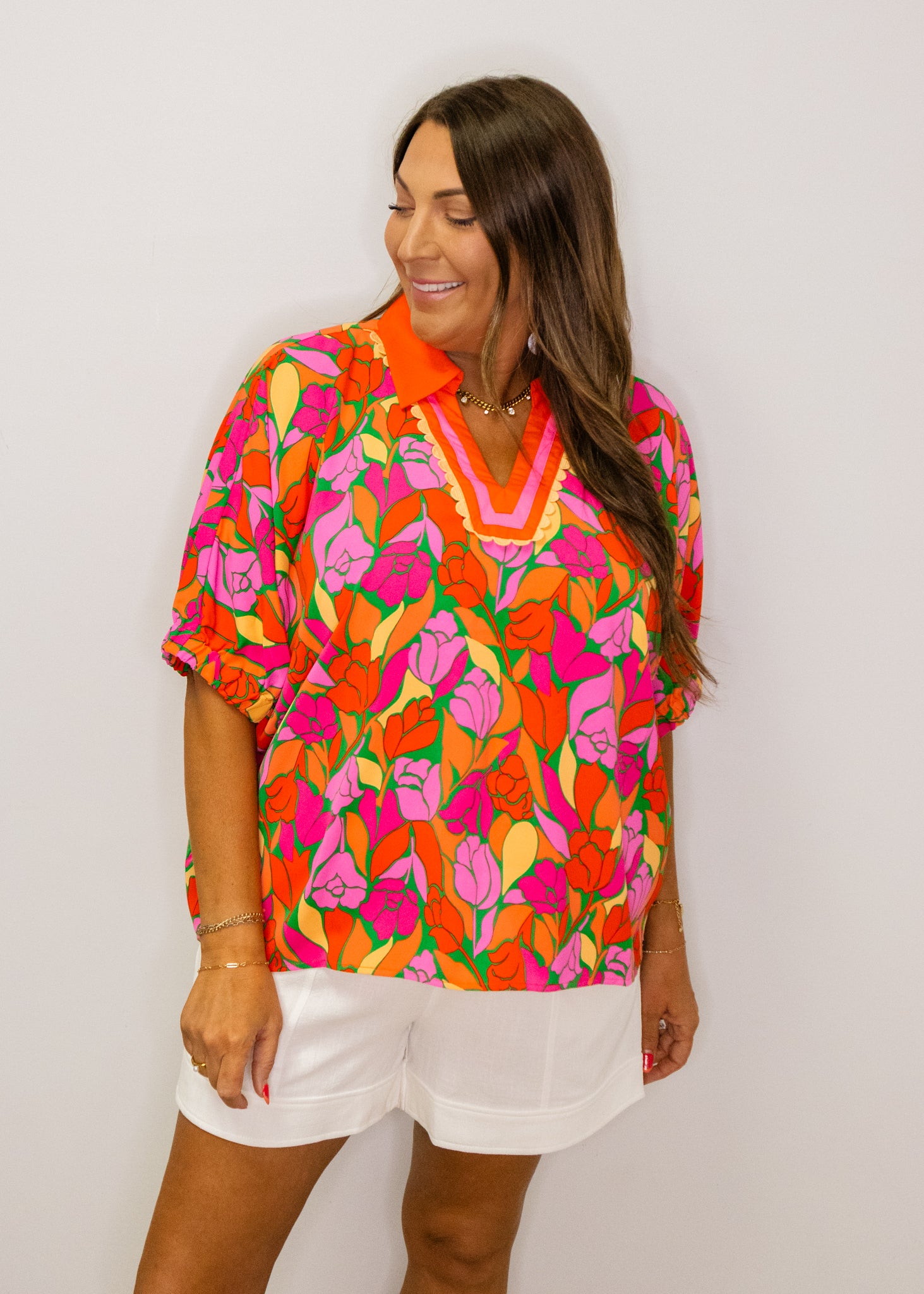 Multi Floral Contrast Collar Top