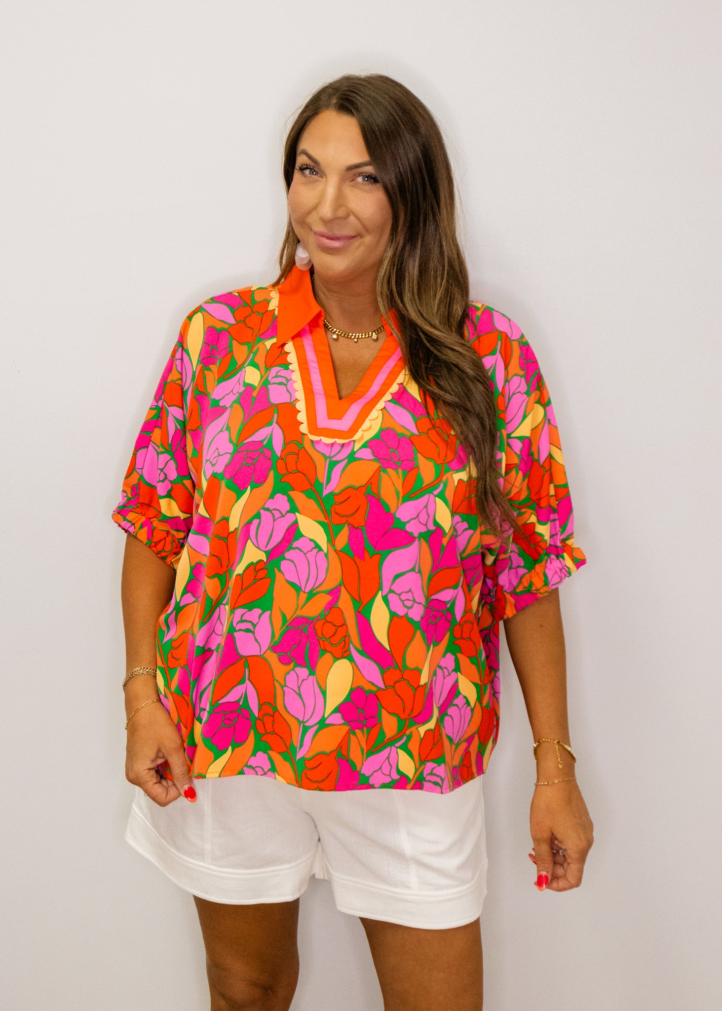 Multi Floral Contrast Collar Top