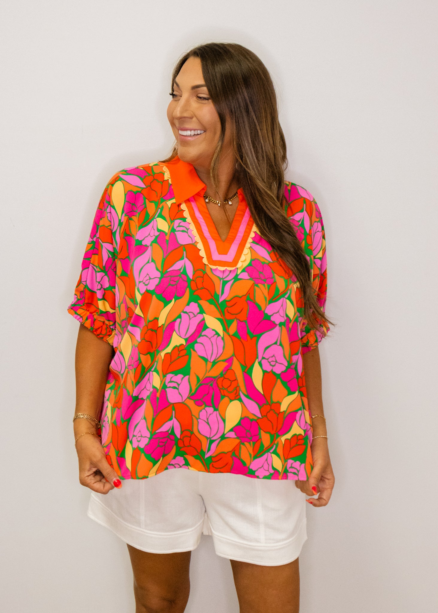 Multi Floral Contrast Collar Top