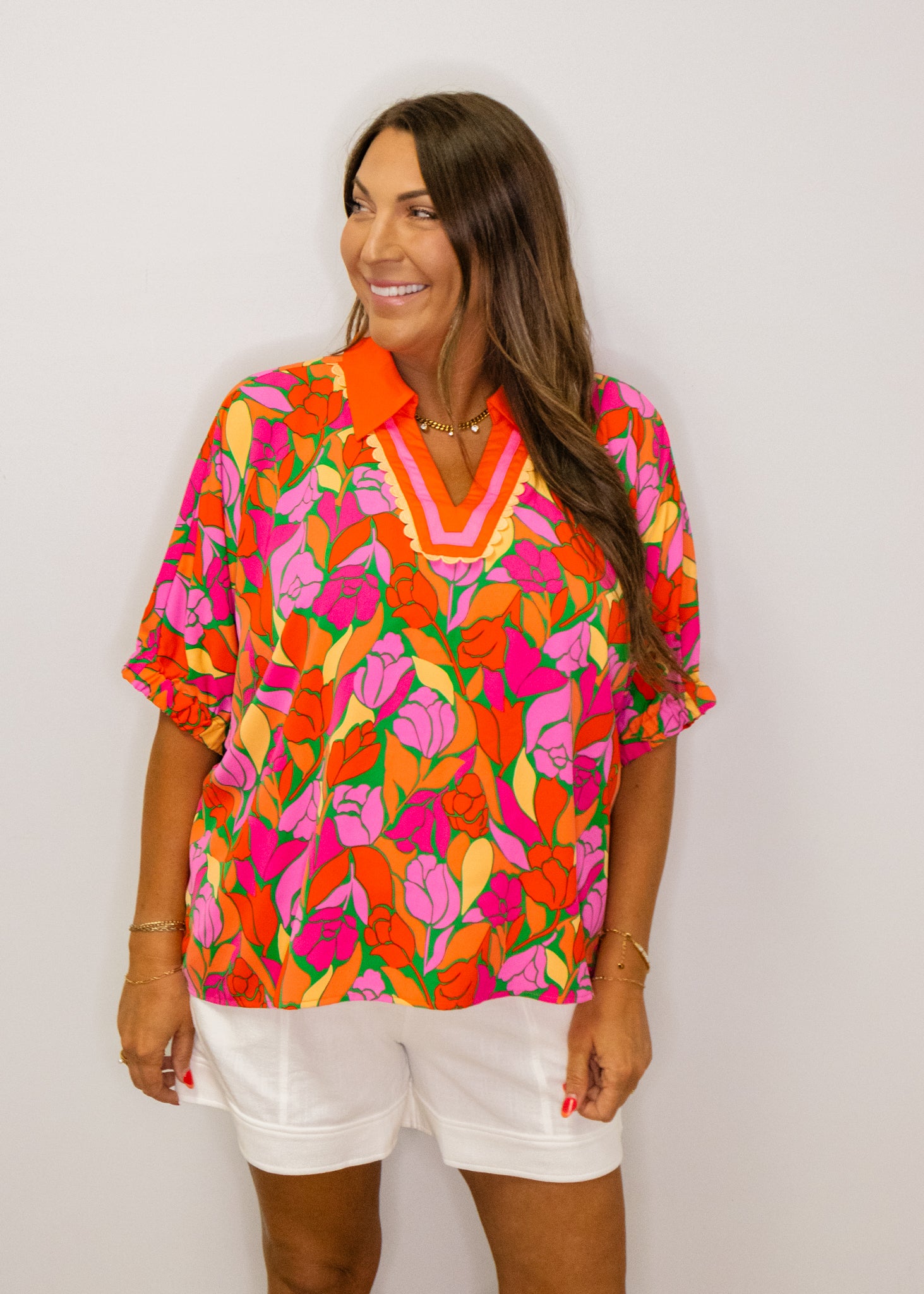 Multi Floral Contrast Collar Top