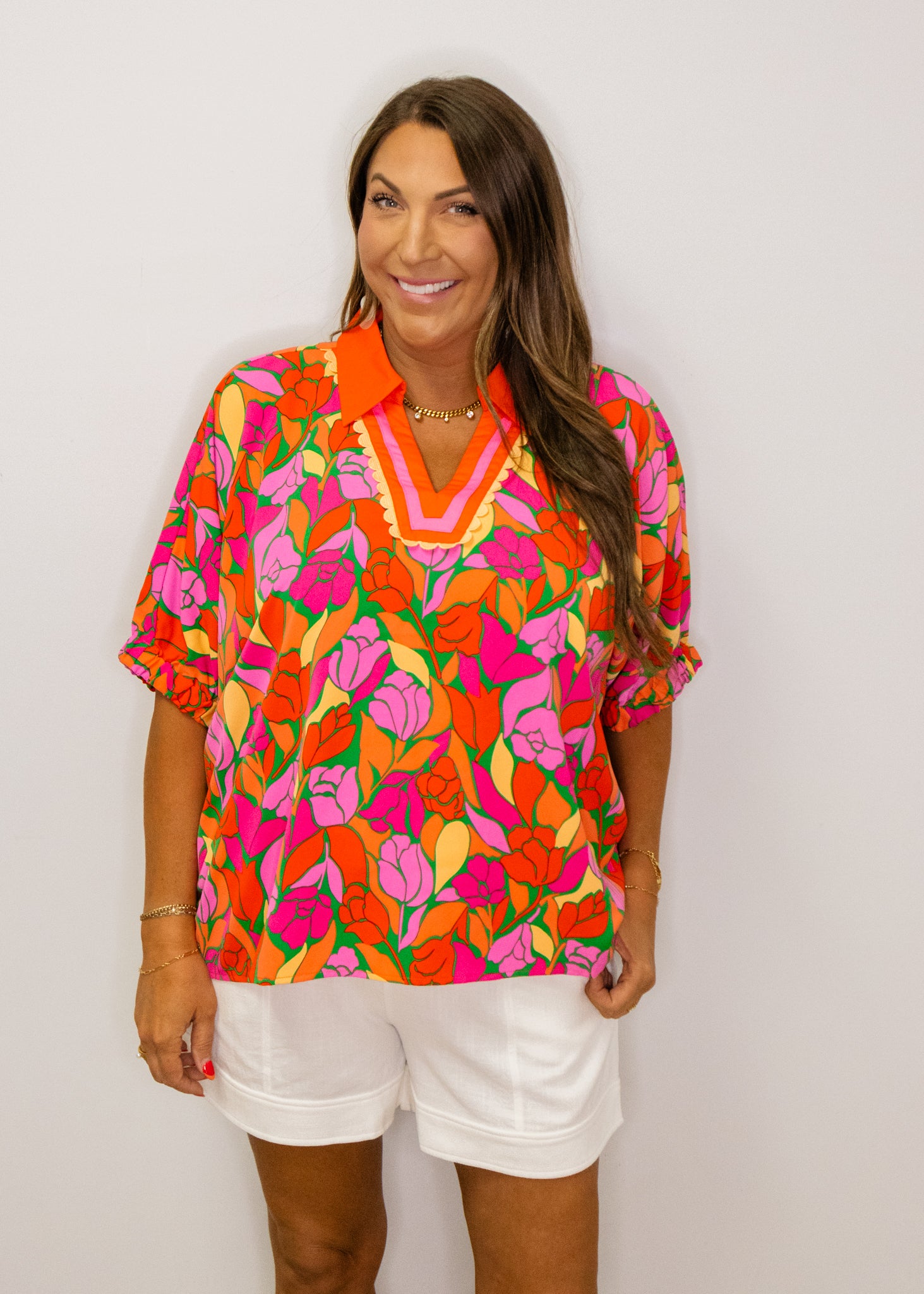 Multi Floral Contrast Collar Top