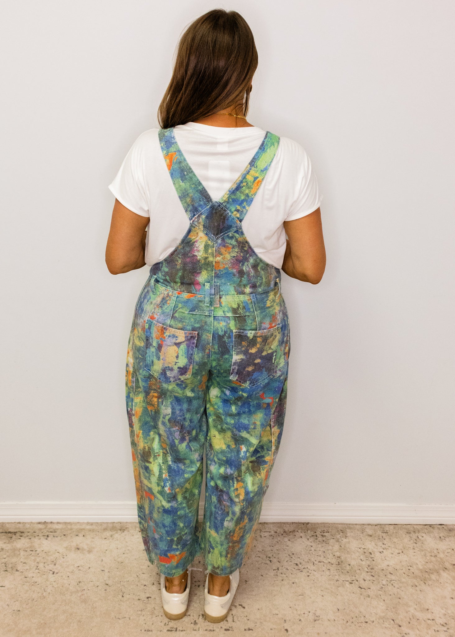 Paint Printed Denim Barrel Overalls