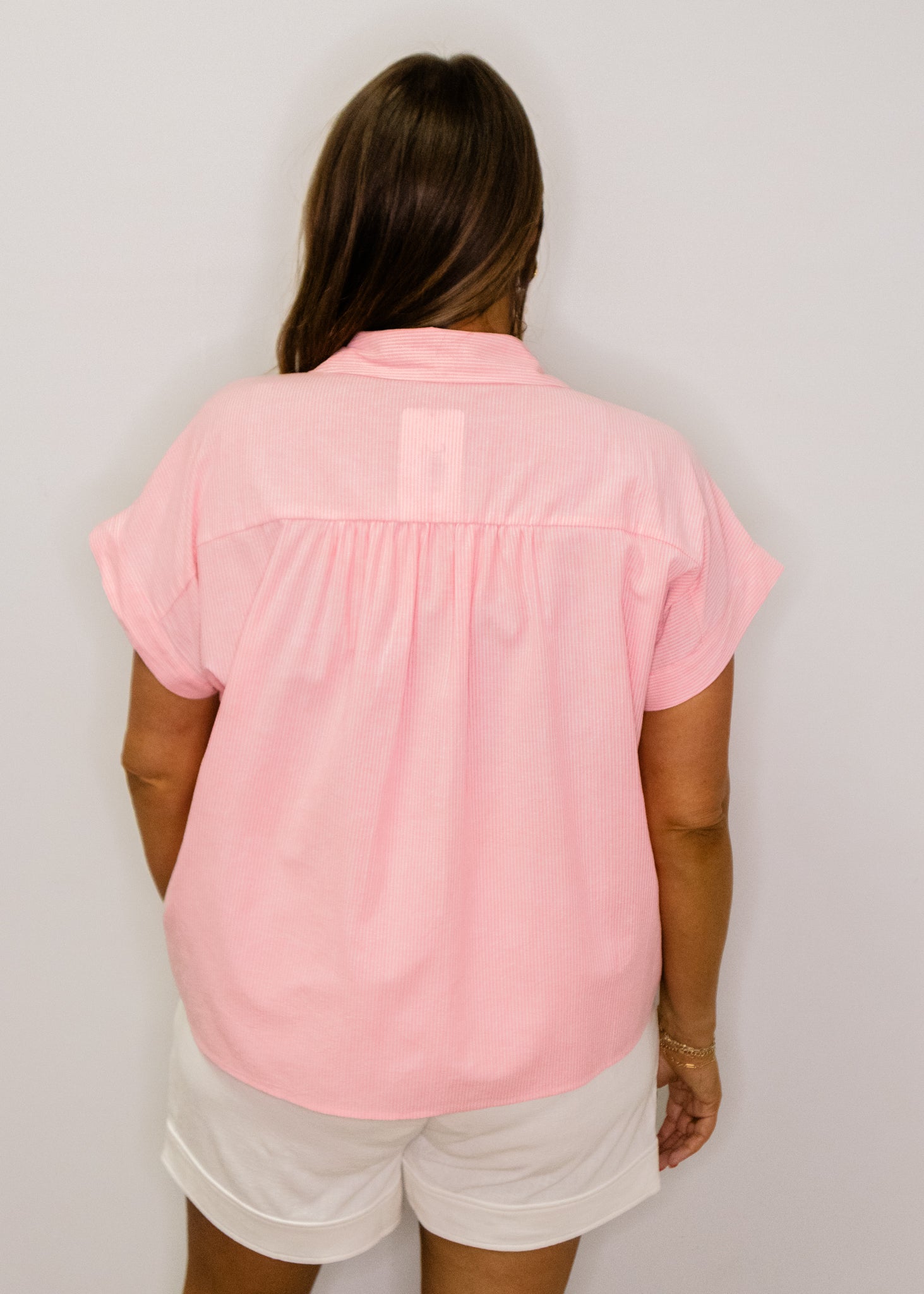 Pink Applique Accent Button Down Stripe Top