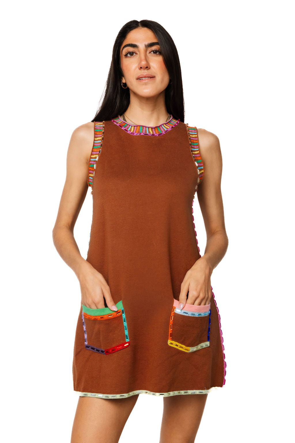 Brown Rainbow Rhinestone Trim Pocket Knit Tank Dress