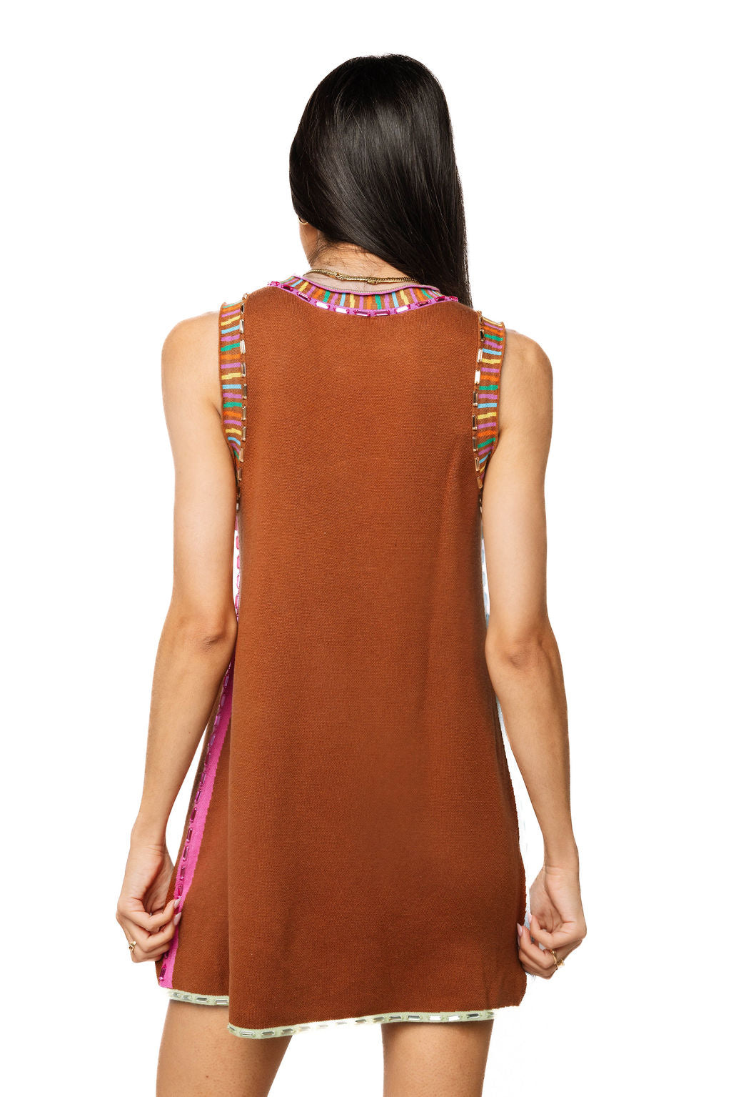 Brown Rainbow Rhinestone Trim Pocket Knit Tank Dress