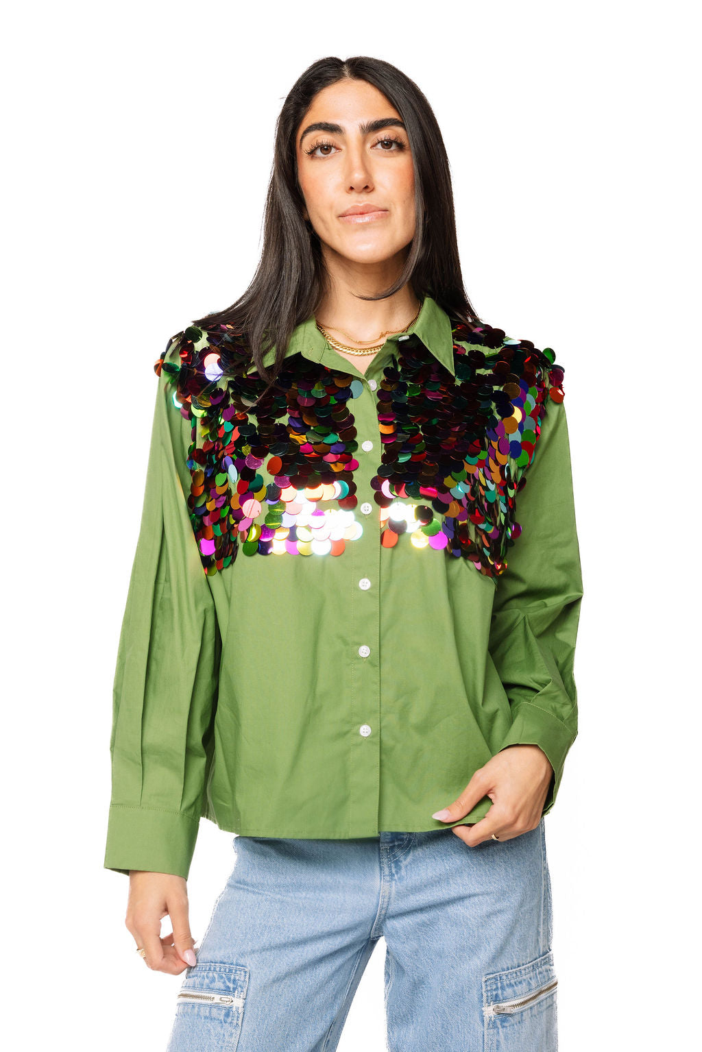 Dark Green Multi Sequin Paillette Cotton Top