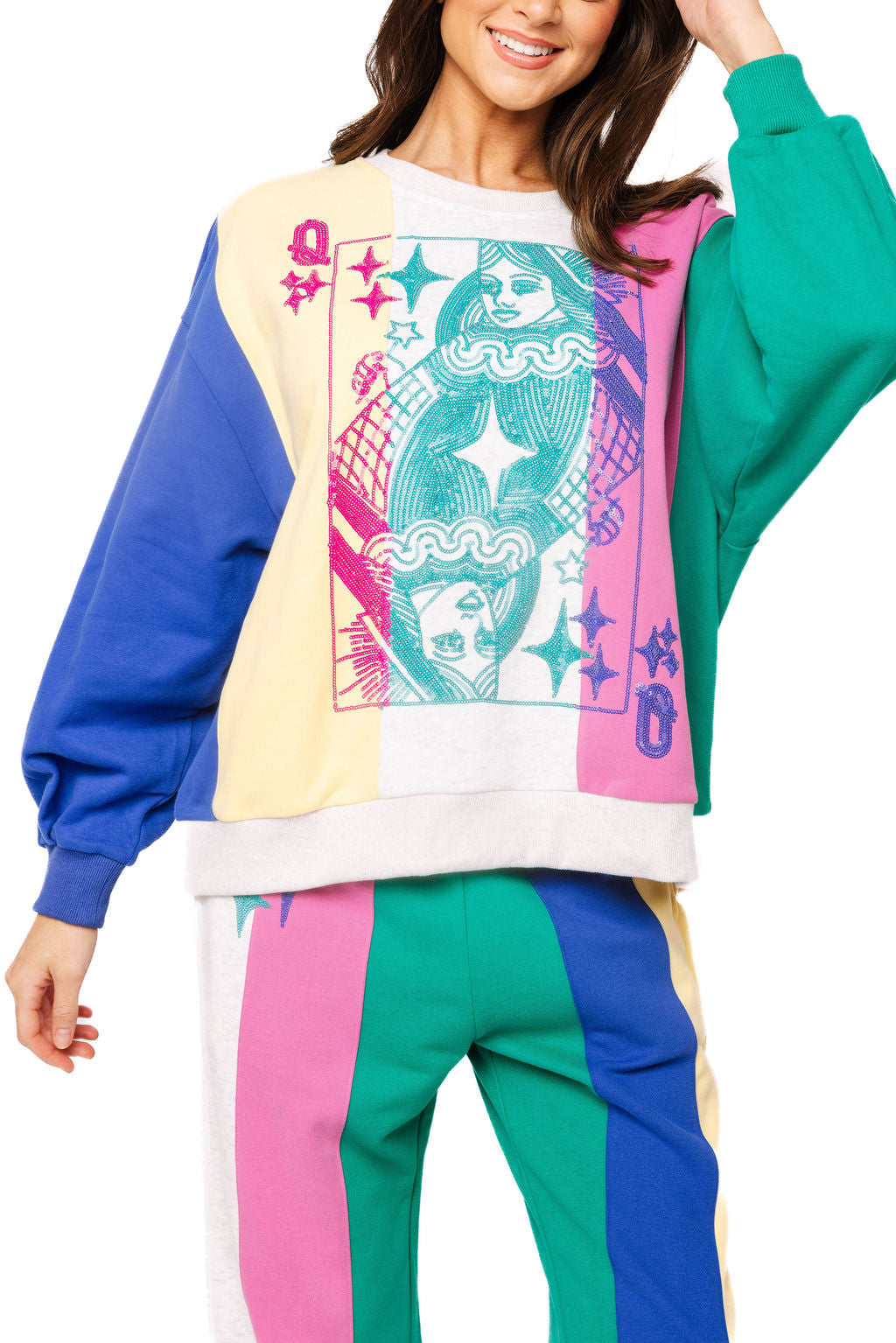 Multi Colorblock Stripe QOS Card Logo Sweatshirt