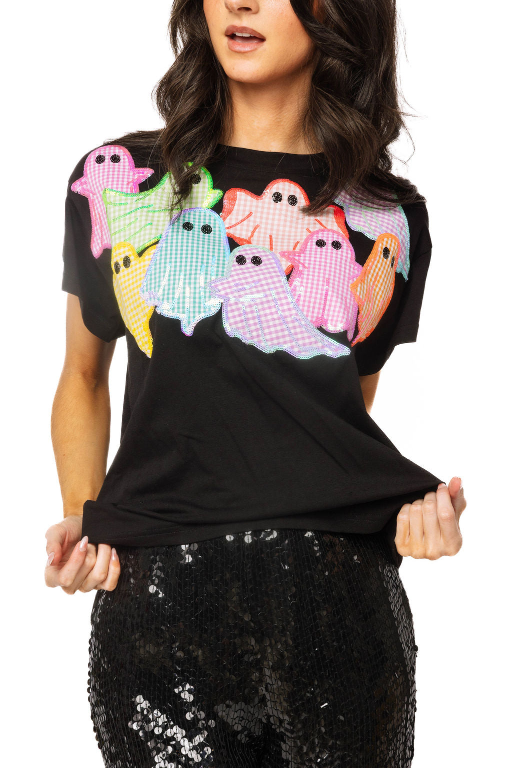 Black Multi Gingham Ghost Patch Tee