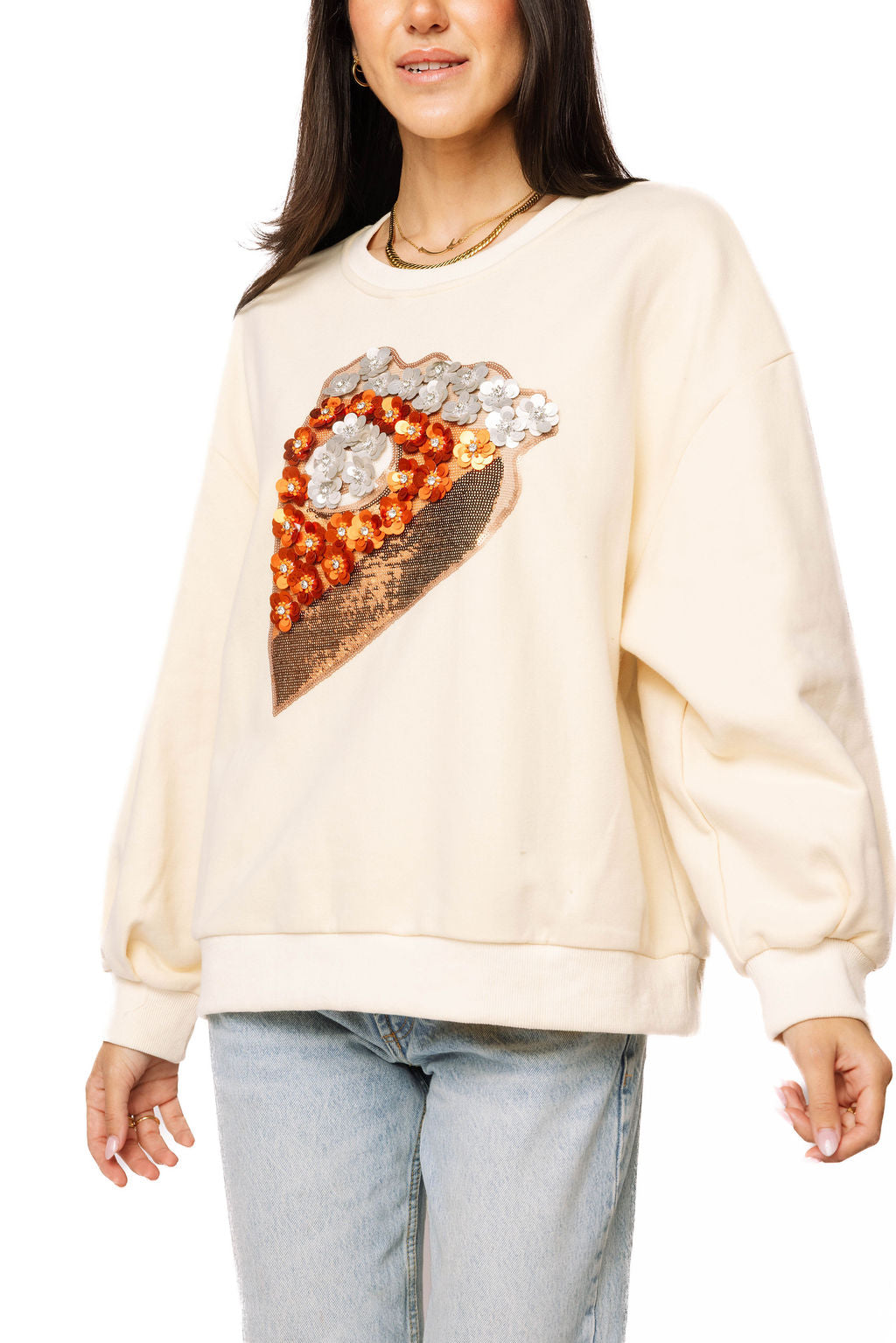 Beige Sequin Flower Pie Slice Sweatshirt