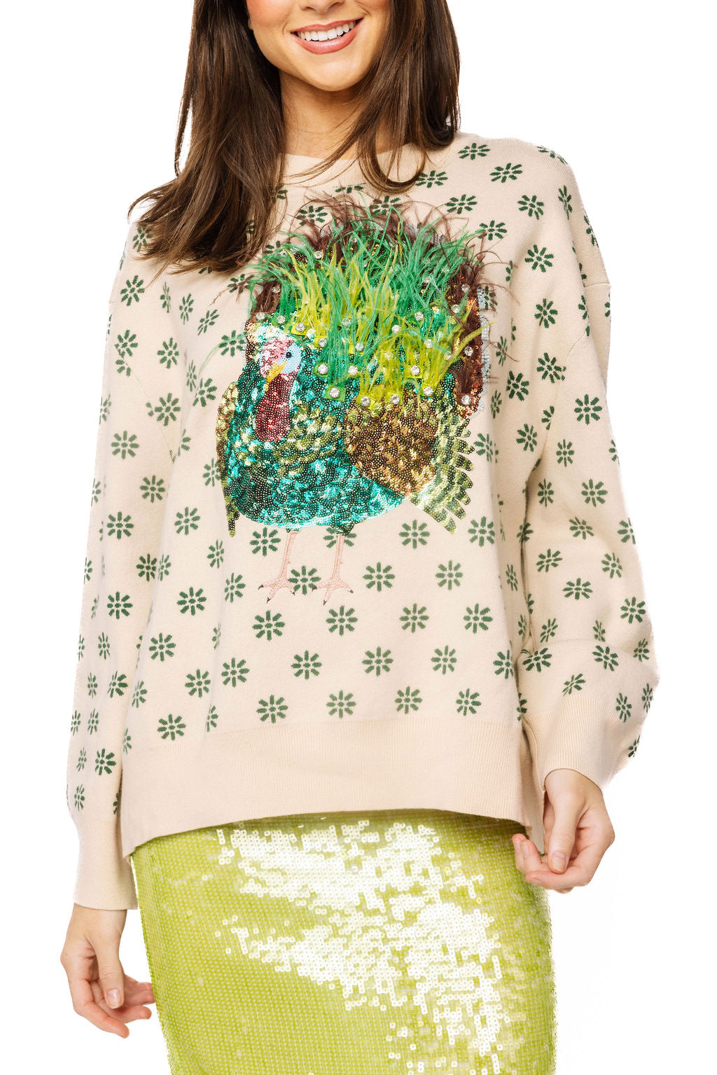 Beige & Green Flower Print Feather Turkey Sweater