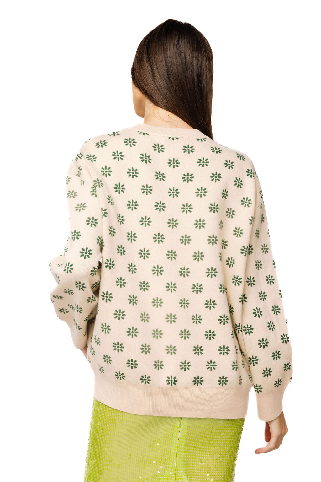 Beige & Green Flower Print Feather Turkey Sweater