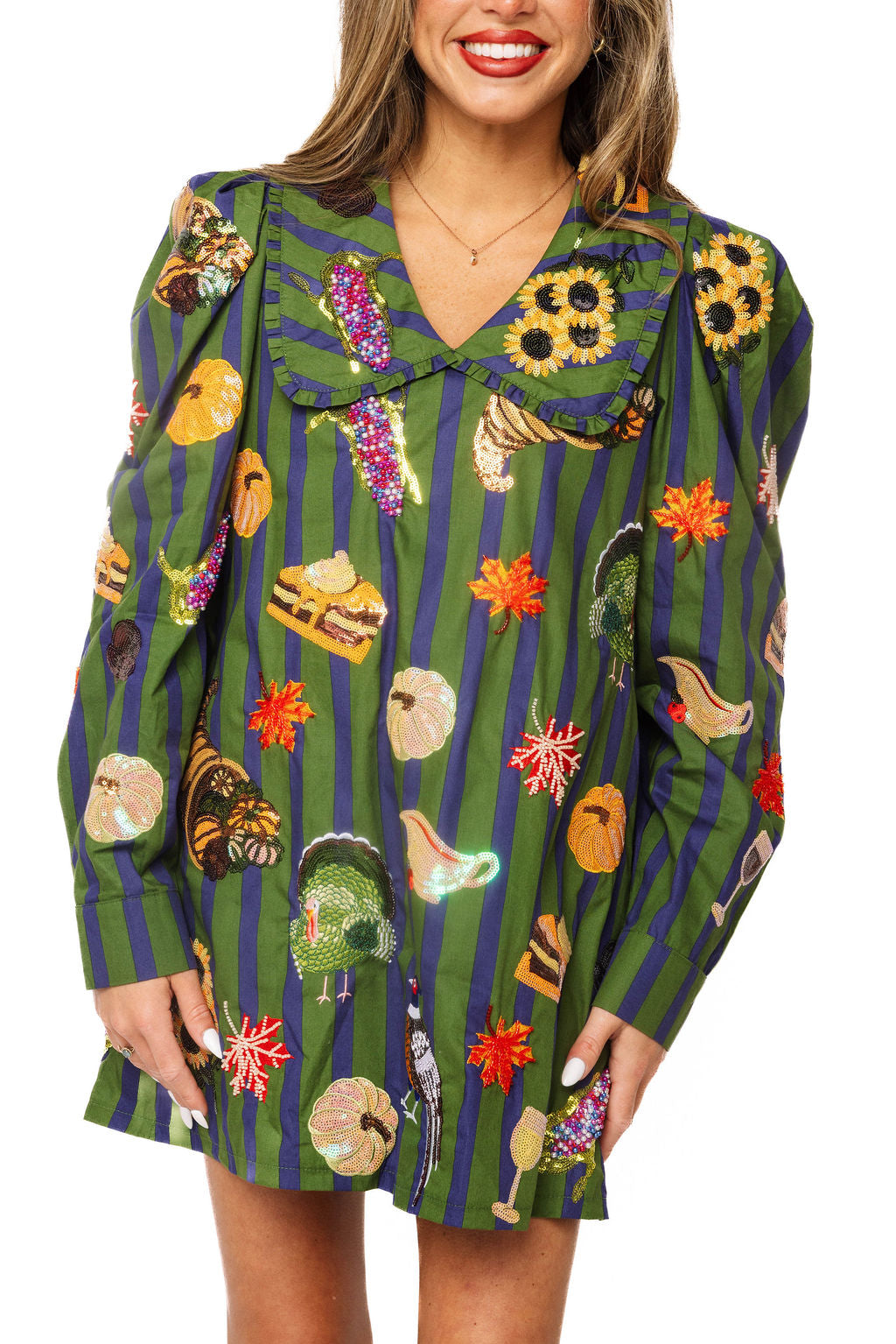 Dark Green & Blue Striped Thanksgiving Icon Collar Cotton Dress