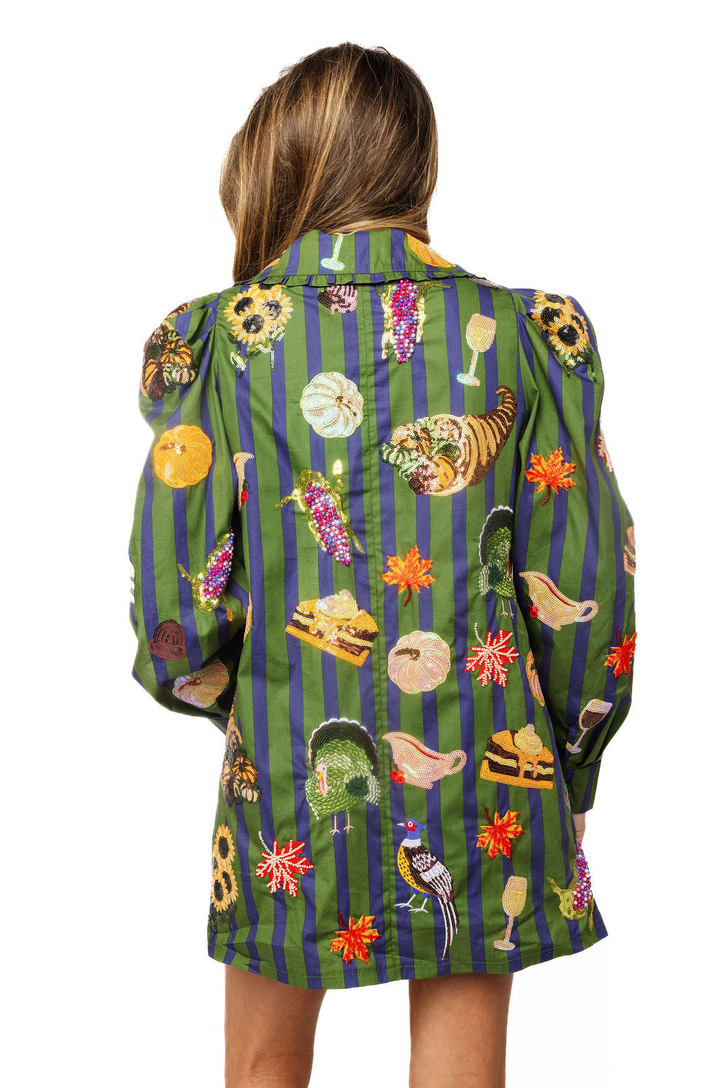 Dark Green & Blue Striped Thanksgiving Icon Collar Cotton Dress