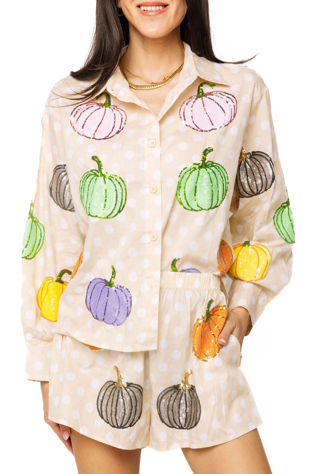 Beige & White Polkadot Multi Pumpkin Cotton Button Up Top