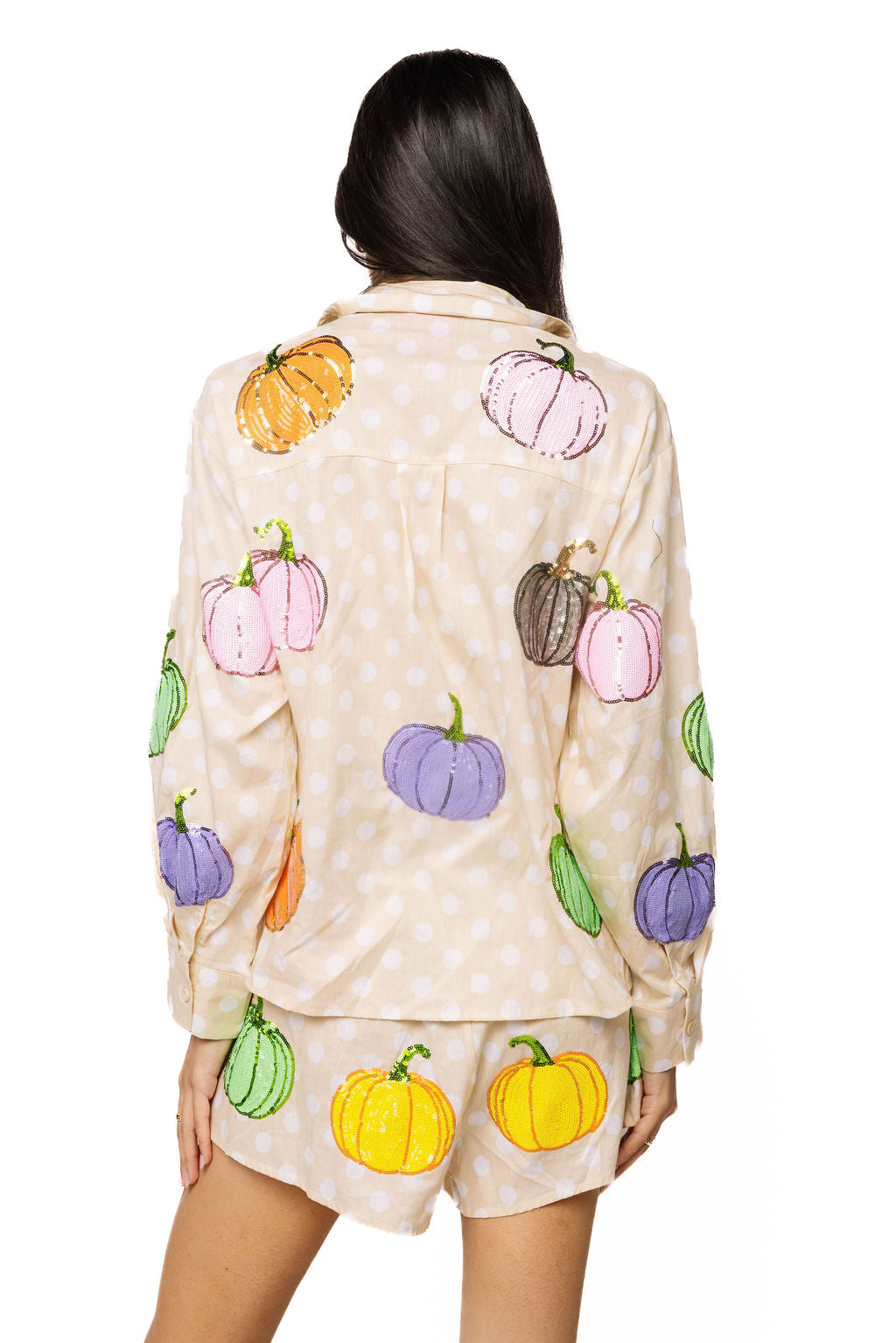Beige & White Polkadot Multi Pumpkin Cotton Button Up Top