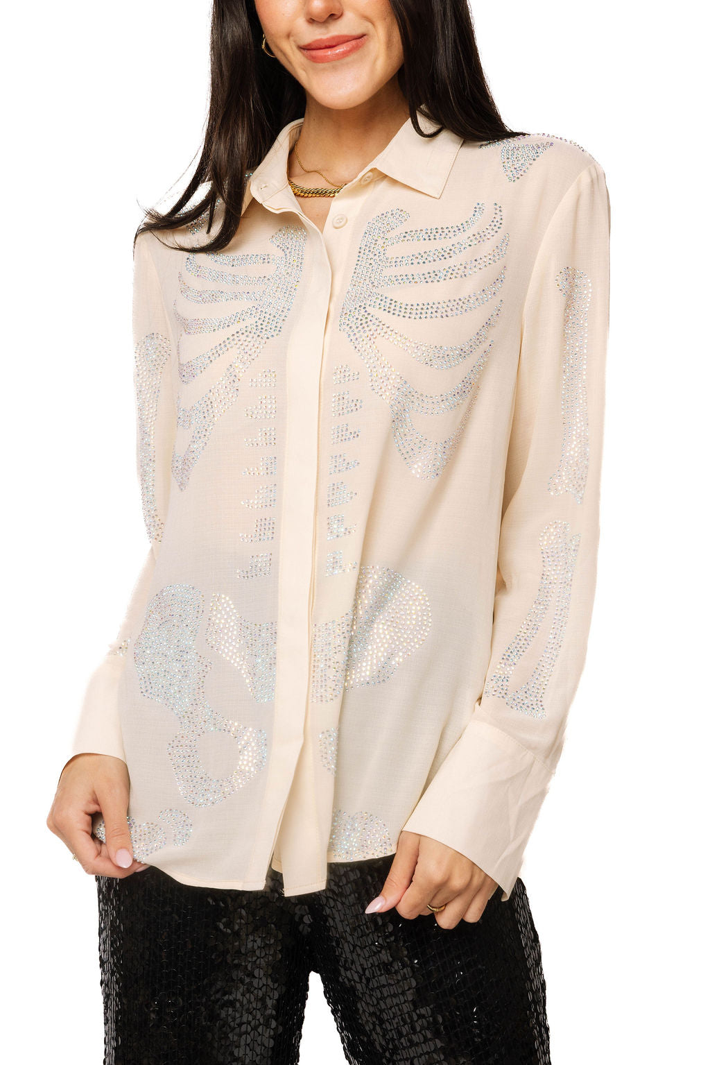 Beige Silk Rhinestone Skeleton Button Down Top