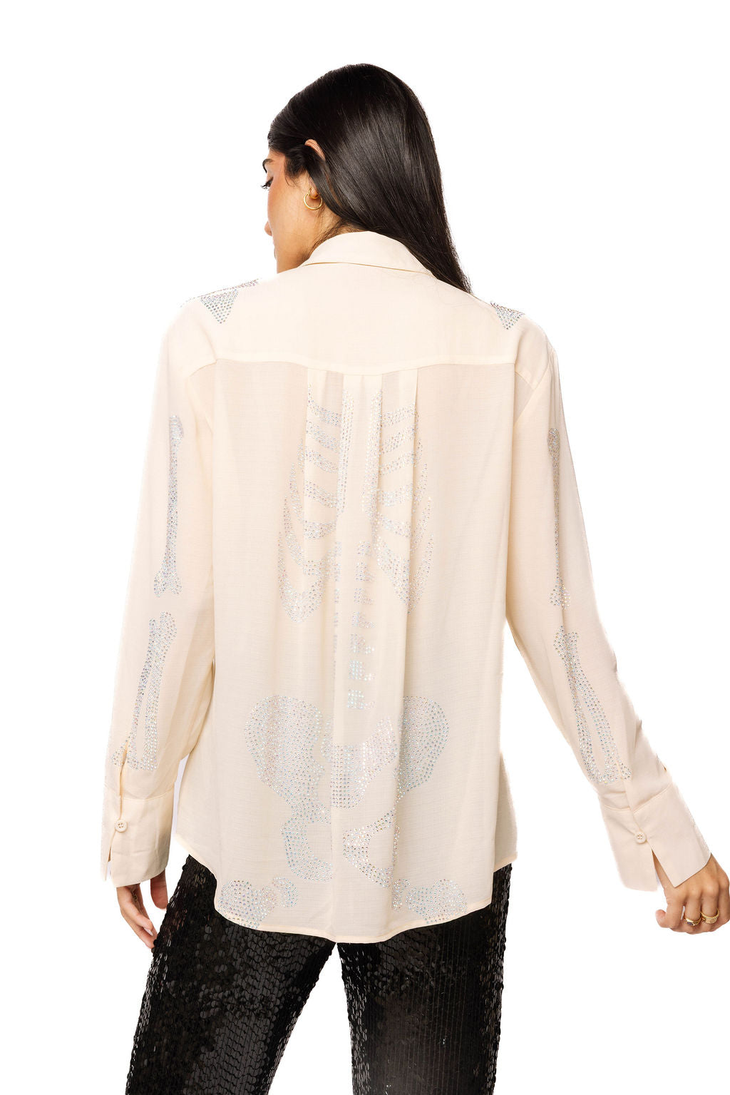 Beige Silk Rhinestone Skeleton Button Down Top