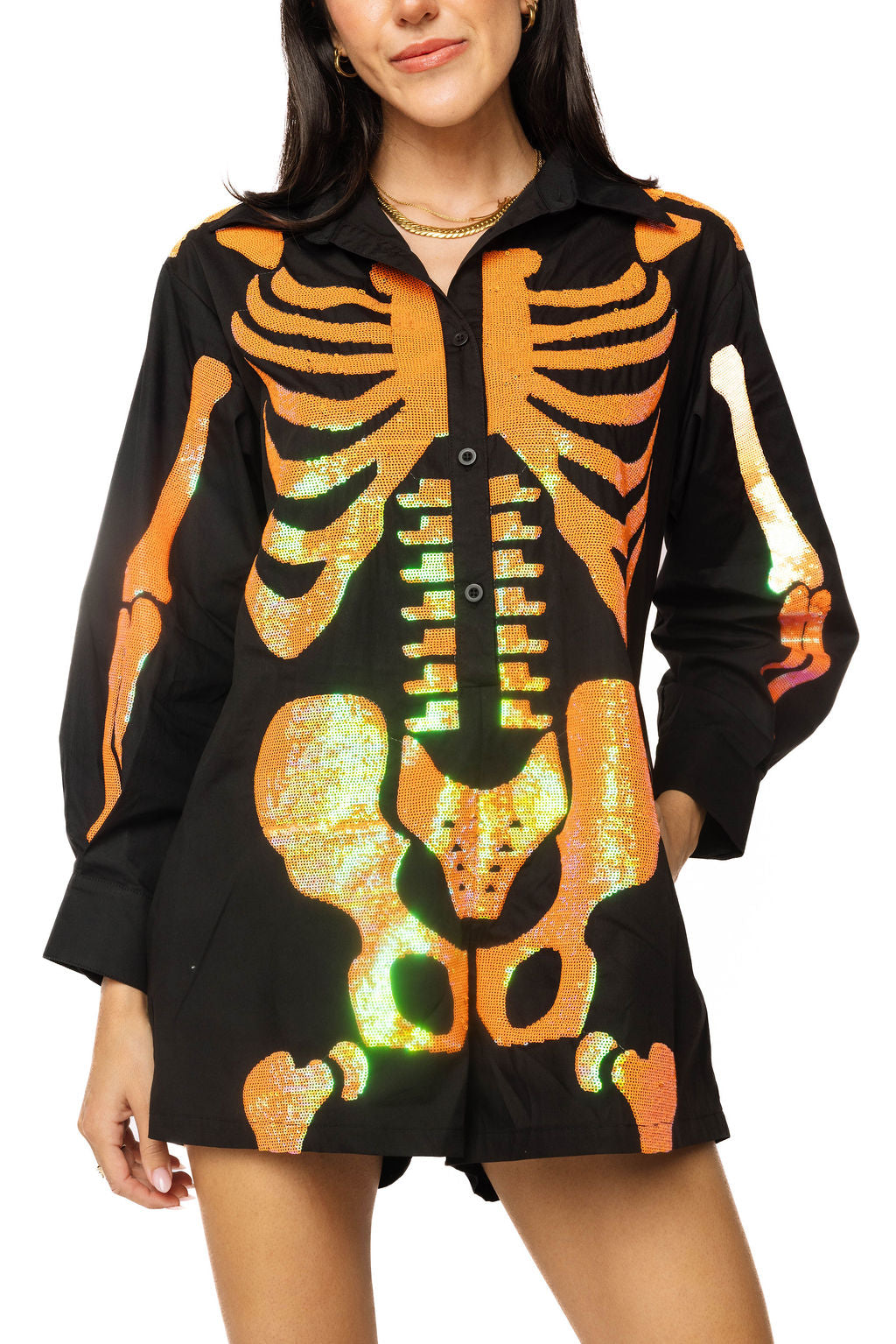 Black & Orange Sequin Skeleton Romper