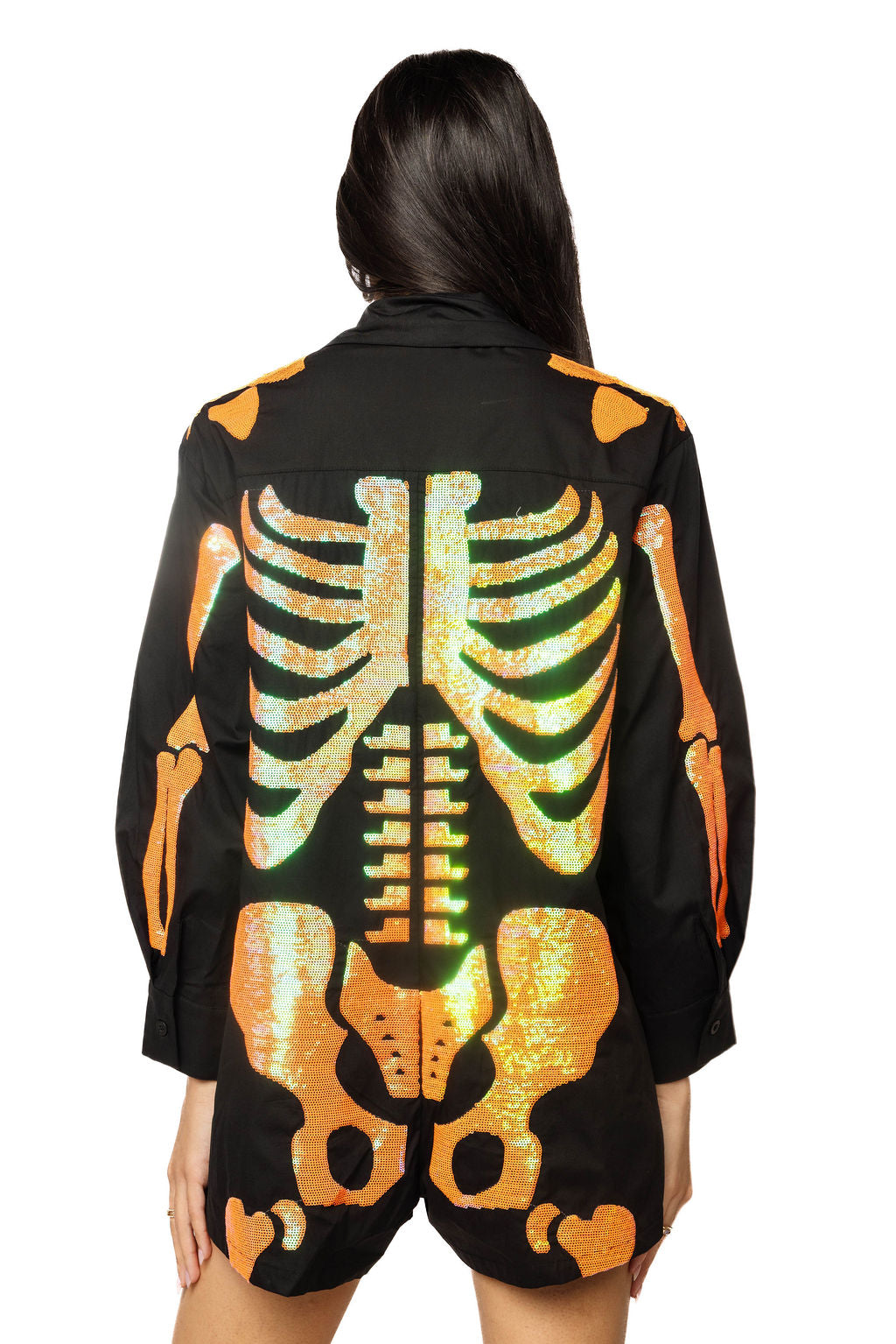 Black & Orange Sequin Skeleton Romper