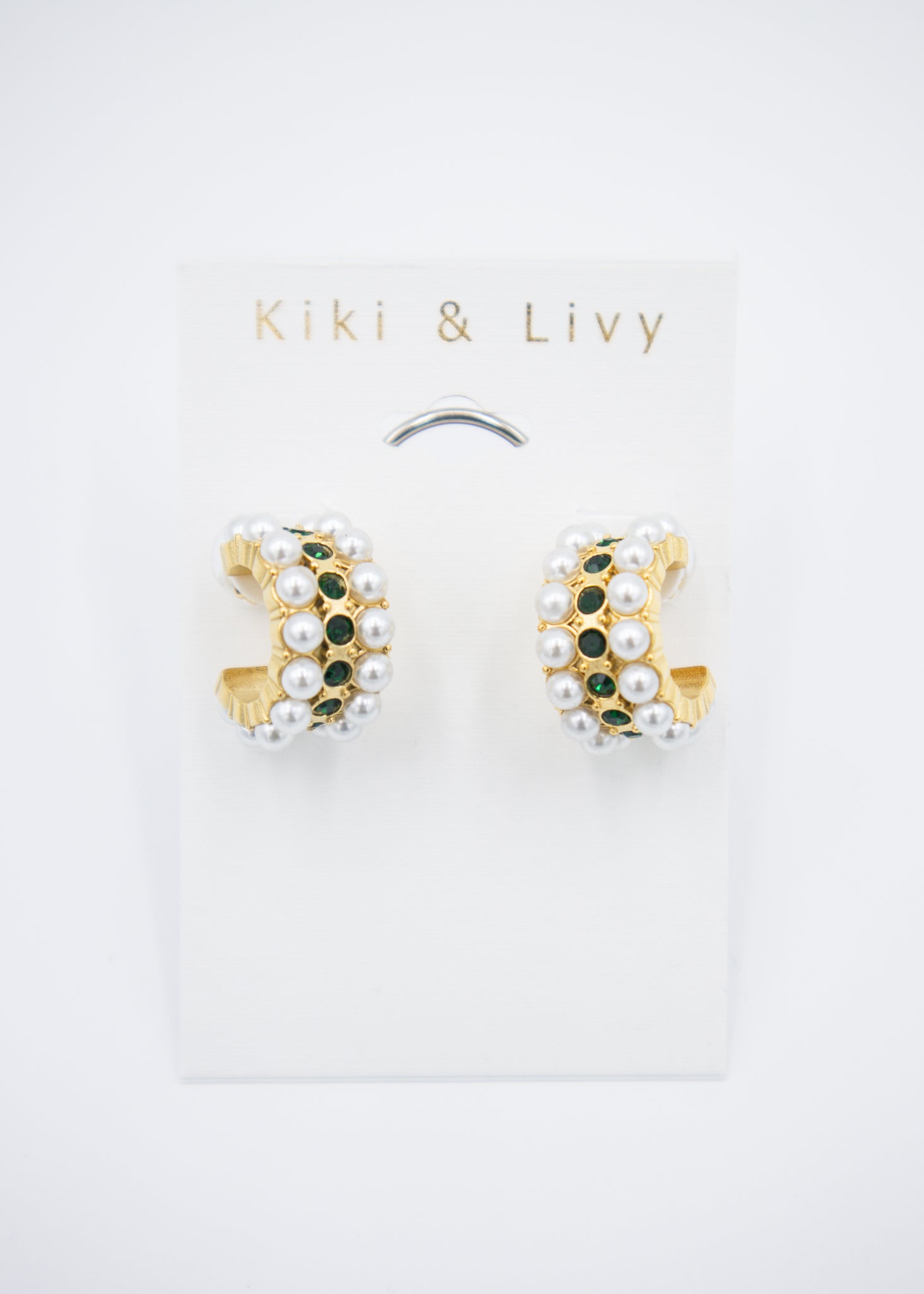 Double Pearl Emerald Row Hoop Earrings