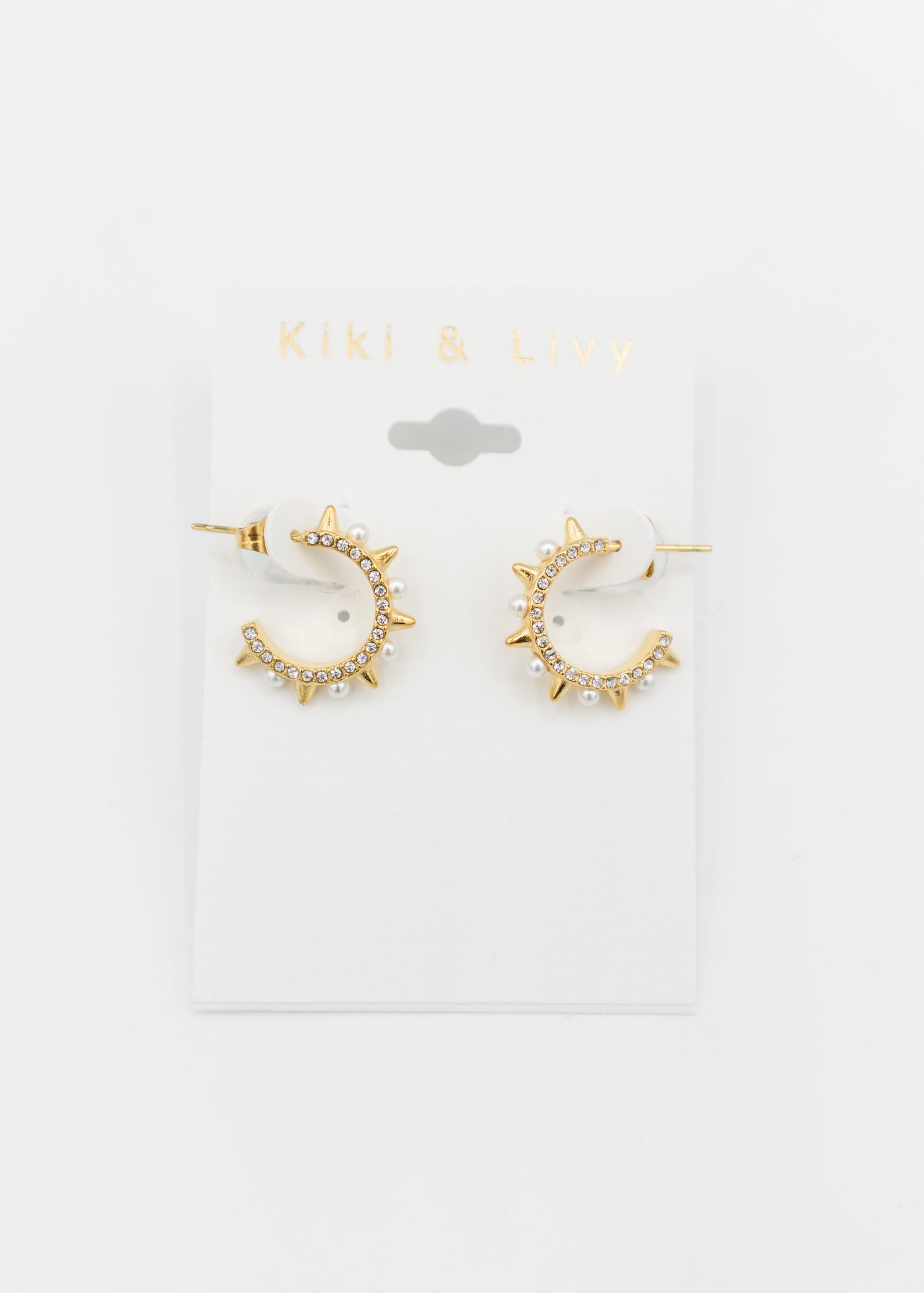 Gold Rhinestone & Pearl Spike Hoop Earrings