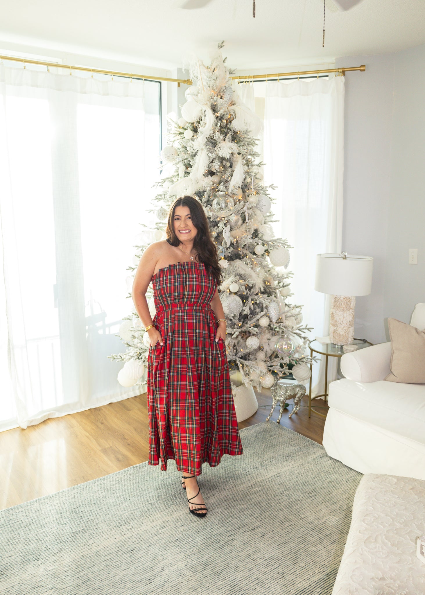 Red Plaid Pleat Strapless Dress