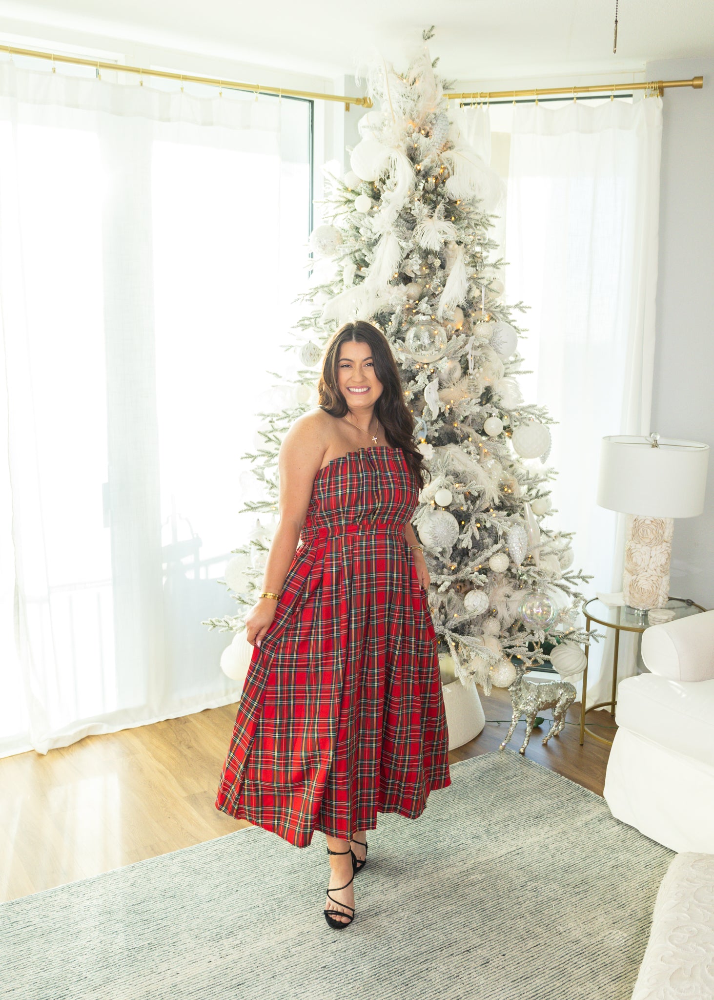 Red Plaid Pleat Strapless Dress