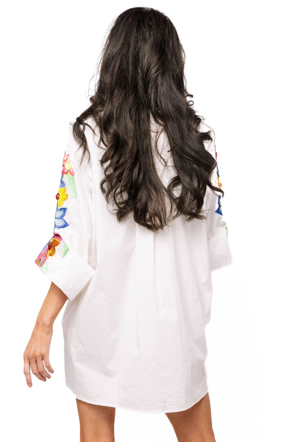 White Multi Flower Button Up Collar Cotton Dress