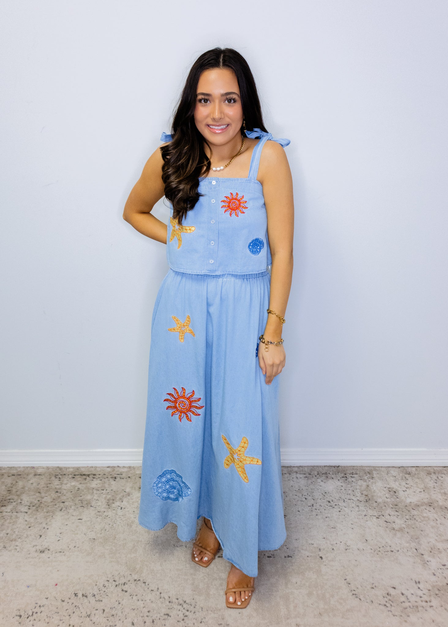 Denim Sea Life Embroidery Skirt Set